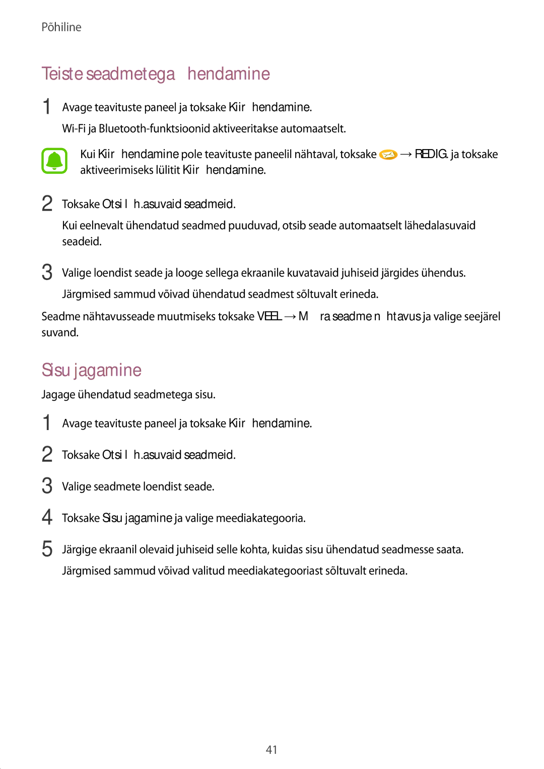 Samsung SM-T585NZWASEB, SM-T585NZKASEB manual Teiste seadmetega ühendamine, Sisu jagamine, Toksake Otsi läh.asuvaid seadmeid 