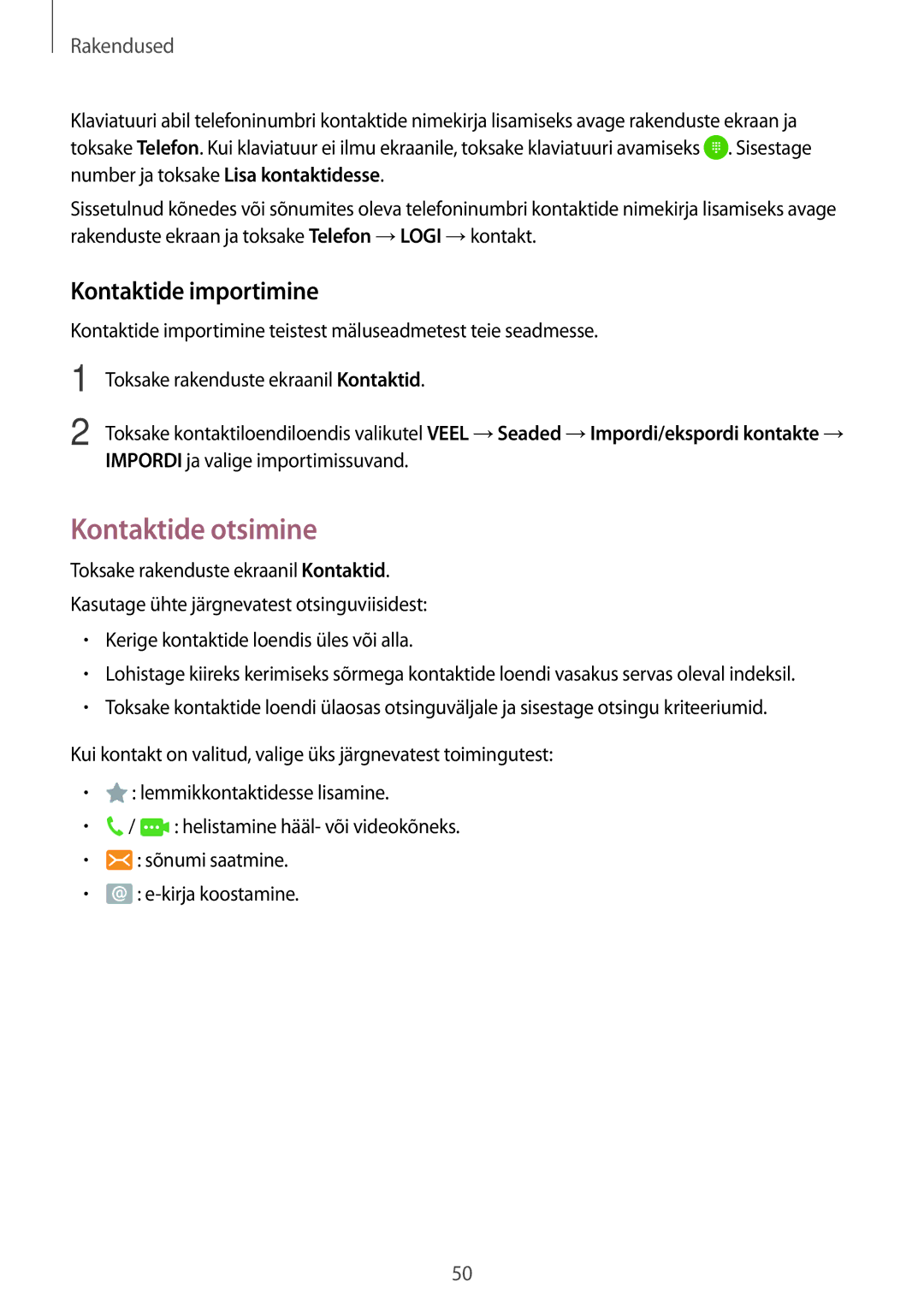 Samsung SM-T585NZKASEB, SM-T585NZWASEB manual Kontaktide otsimine, Kontaktide importimine 