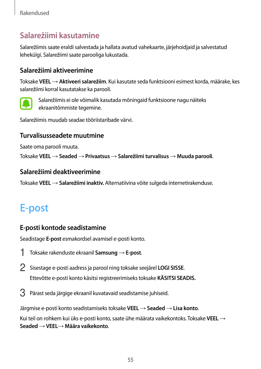 Samsung SM-T585NZWASEB, SM-T585NZKASEB manual Post, Salarežiimi kasutamine 