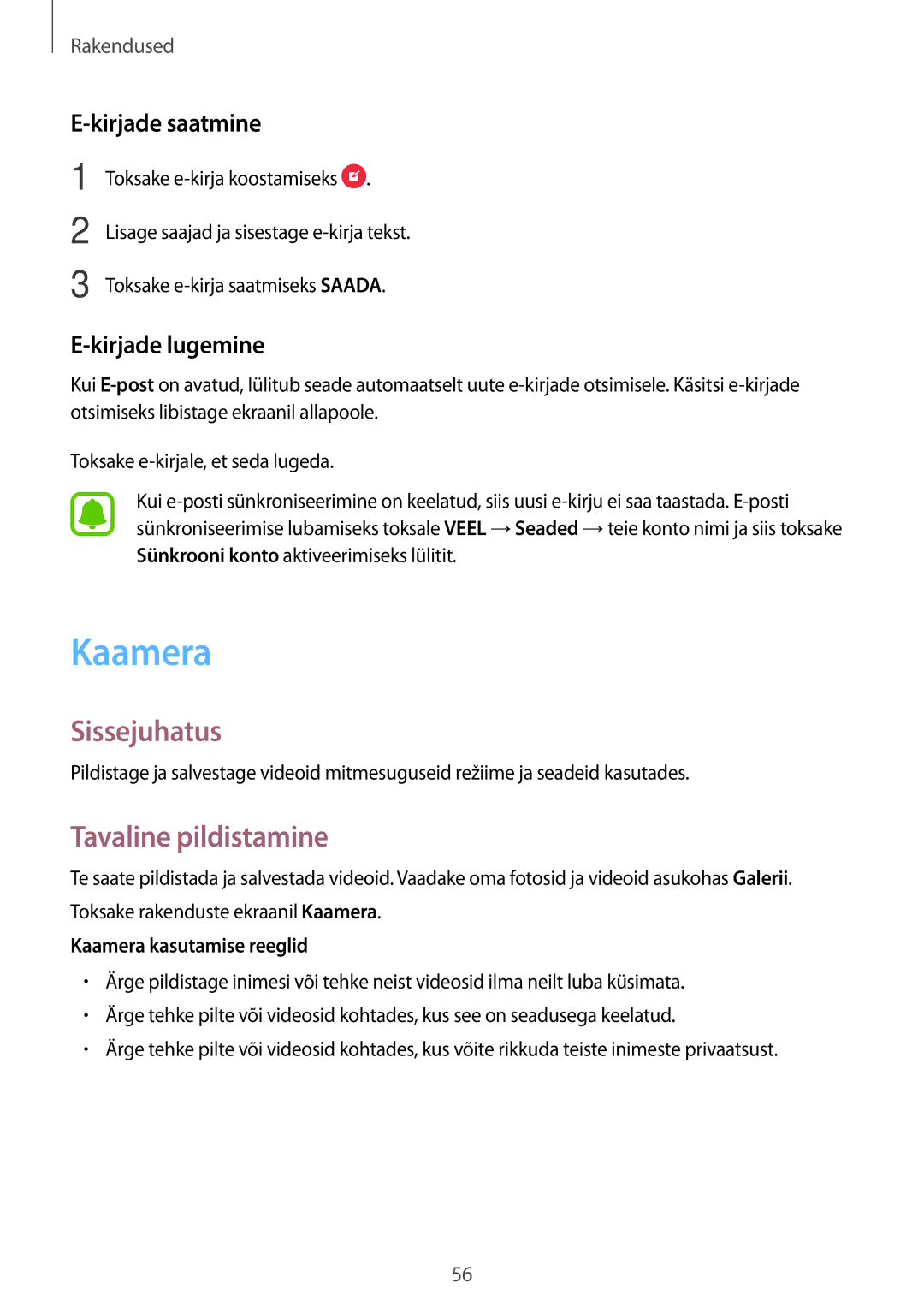 Samsung SM-T585NZKASEB manual Tavaline pildistamine, Kirjade saatmine, Kirjade lugemine, Kaamera kasutamise reeglid 