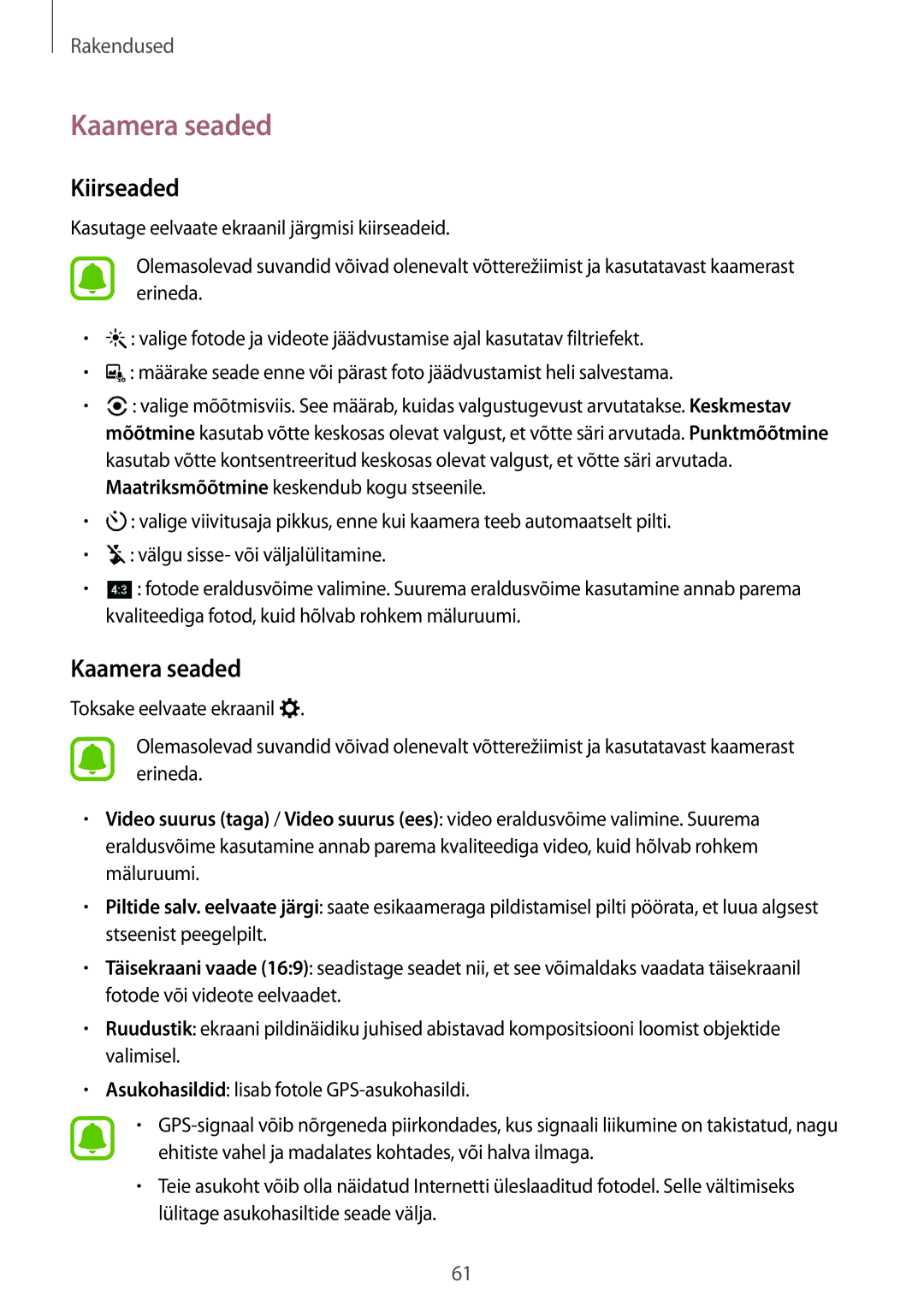 Samsung SM-T585NZWASEB, SM-T585NZKASEB manual Kaamera seaded, Kiirseaded 