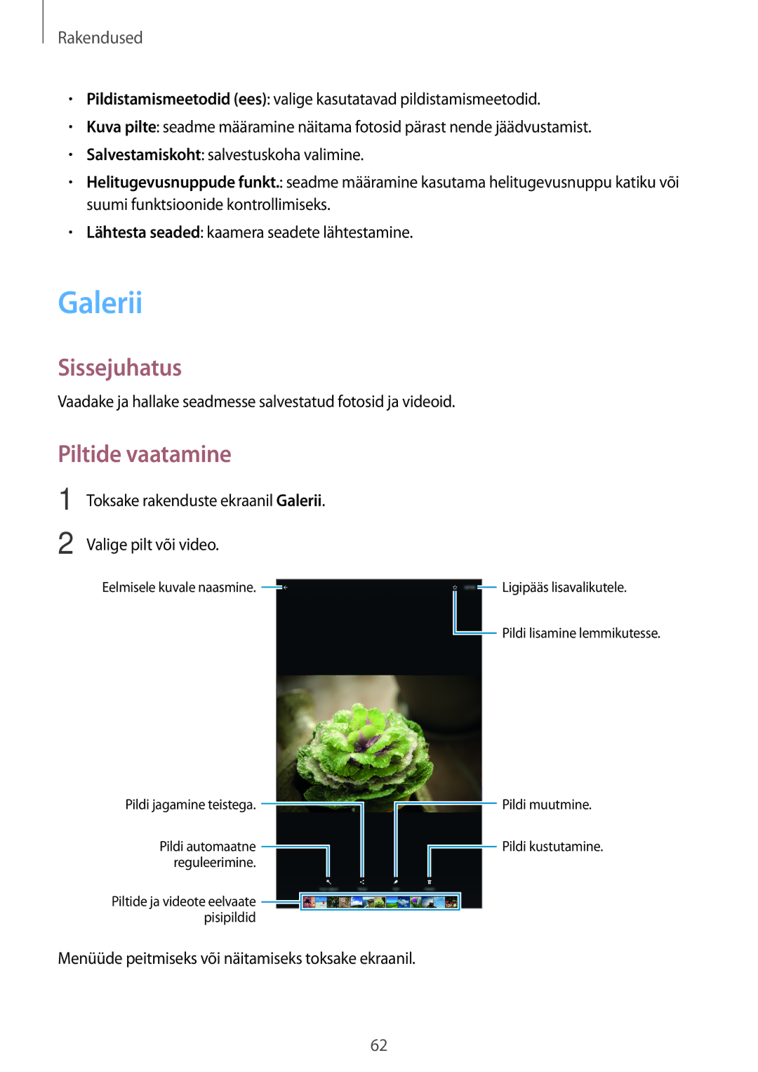 Samsung SM-T585NZKASEB, SM-T585NZWASEB manual Galerii, Piltide vaatamine 