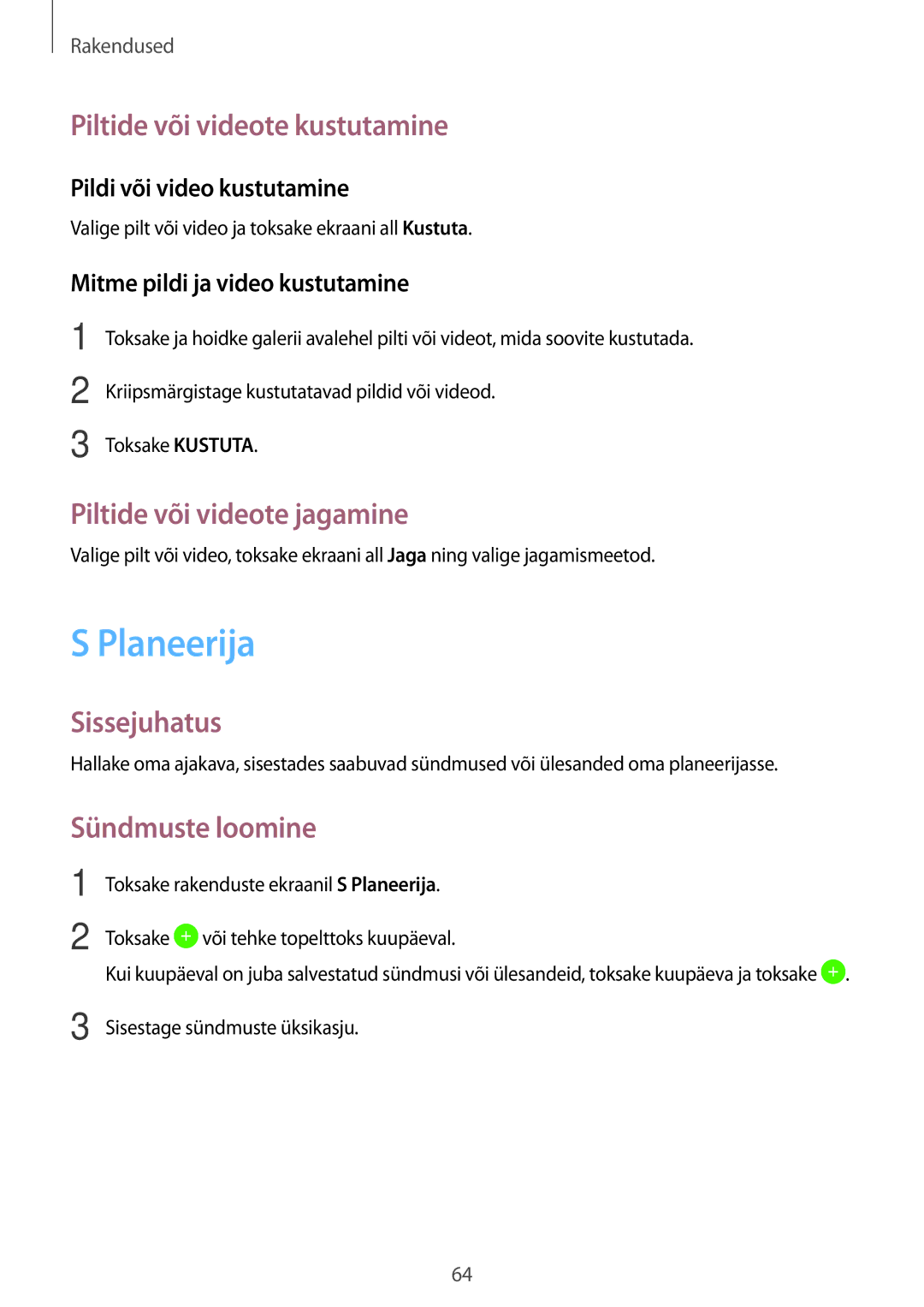 Samsung SM-T585NZKASEB manual Planeerija, Piltide või videote kustutamine, Piltide või videote jagamine, Sündmuste loomine 