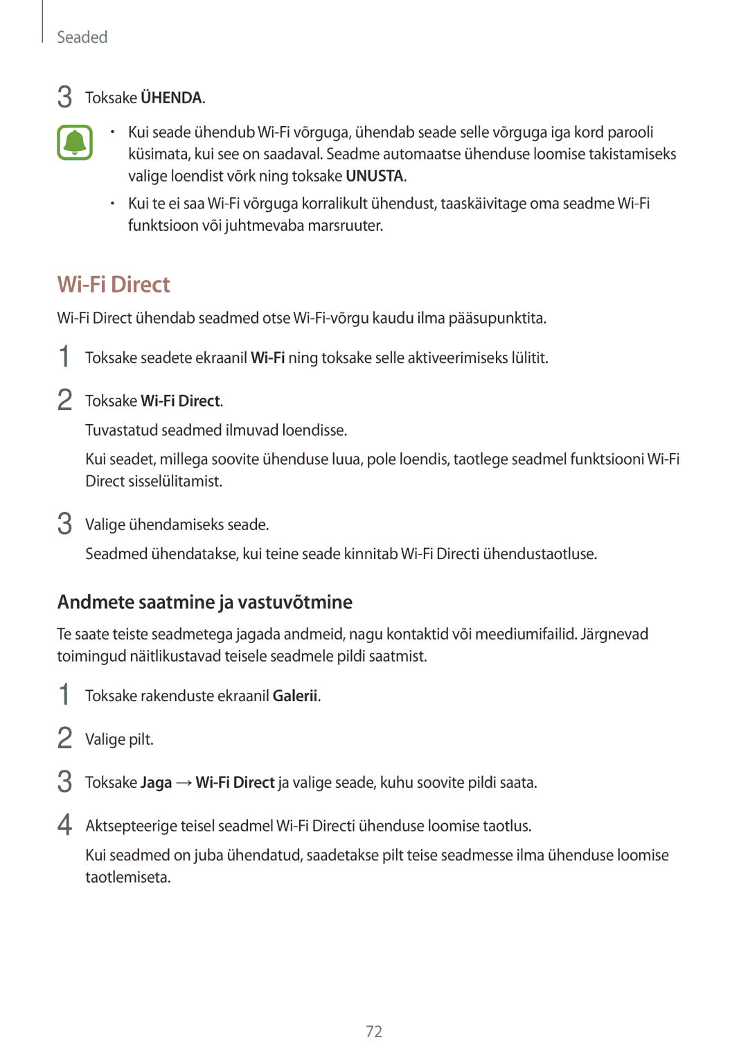 Samsung SM-T585NZKASEB, SM-T585NZWASEB manual Andmete saatmine ja vastuvõtmine, Toksake Wi-Fi Direct 