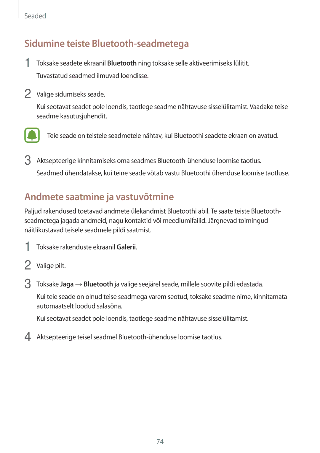 Samsung SM-T585NZKASEB, SM-T585NZWASEB manual Sidumine teiste Bluetooth-seadmetega, Andmete saatmine ja vastuvõtmine 