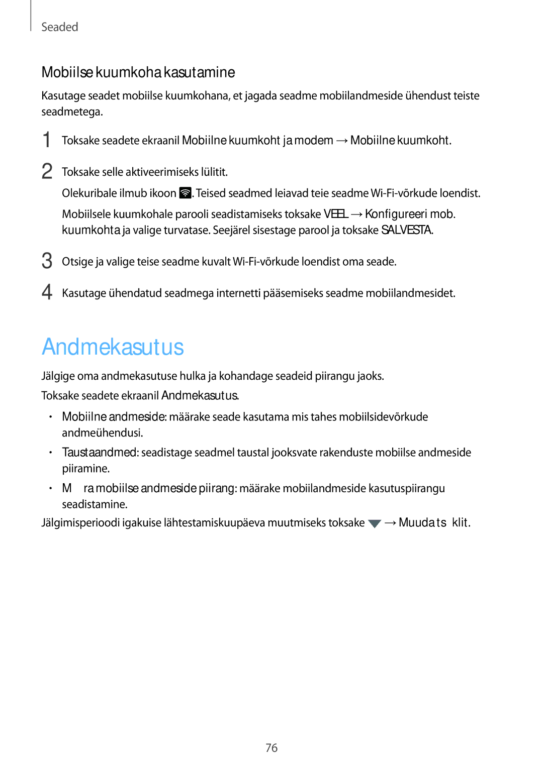 Samsung SM-T585NZKASEB, SM-T585NZWASEB manual Andmekasutus, Mobiilse kuumkoha kasutamine 