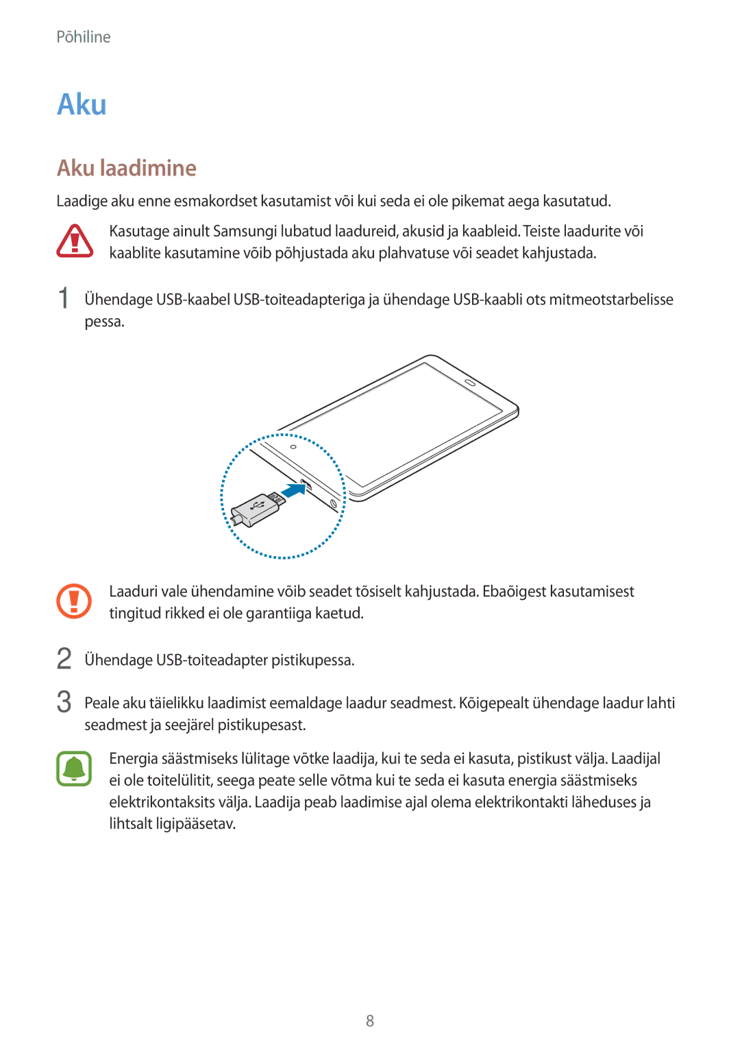 Samsung SM-T585NZKASEB, SM-T585NZWASEB manual Aku laadimine 