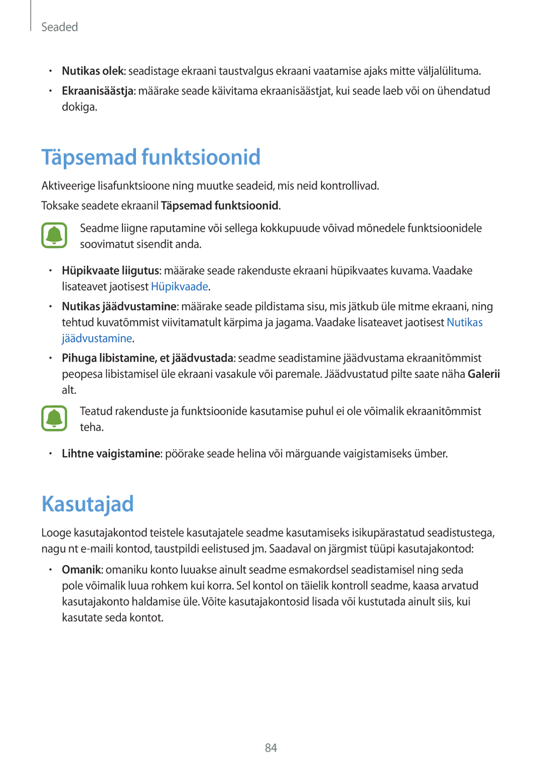 Samsung SM-T585NZKASEB, SM-T585NZWASEB manual Täpsemad funktsioonid, Kasutajad 