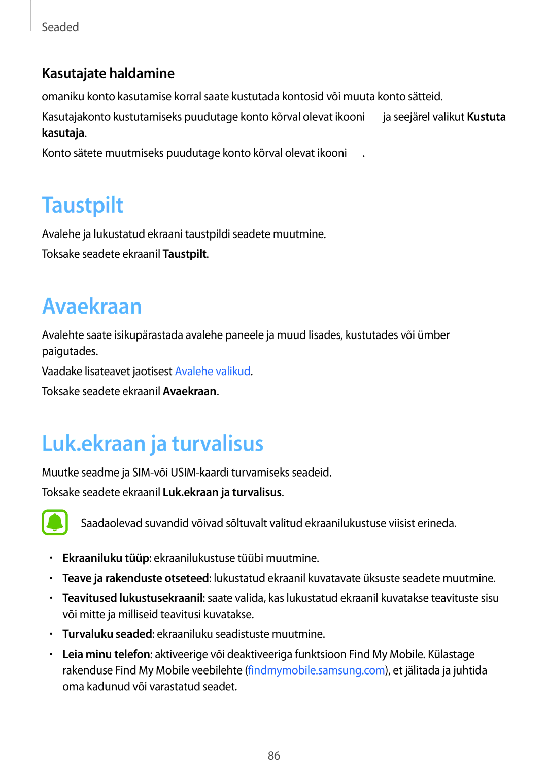 Samsung SM-T585NZKASEB, SM-T585NZWASEB manual Taustpilt, Avaekraan, Luk.ekraan ja turvalisus, Kasutajate haldamine 