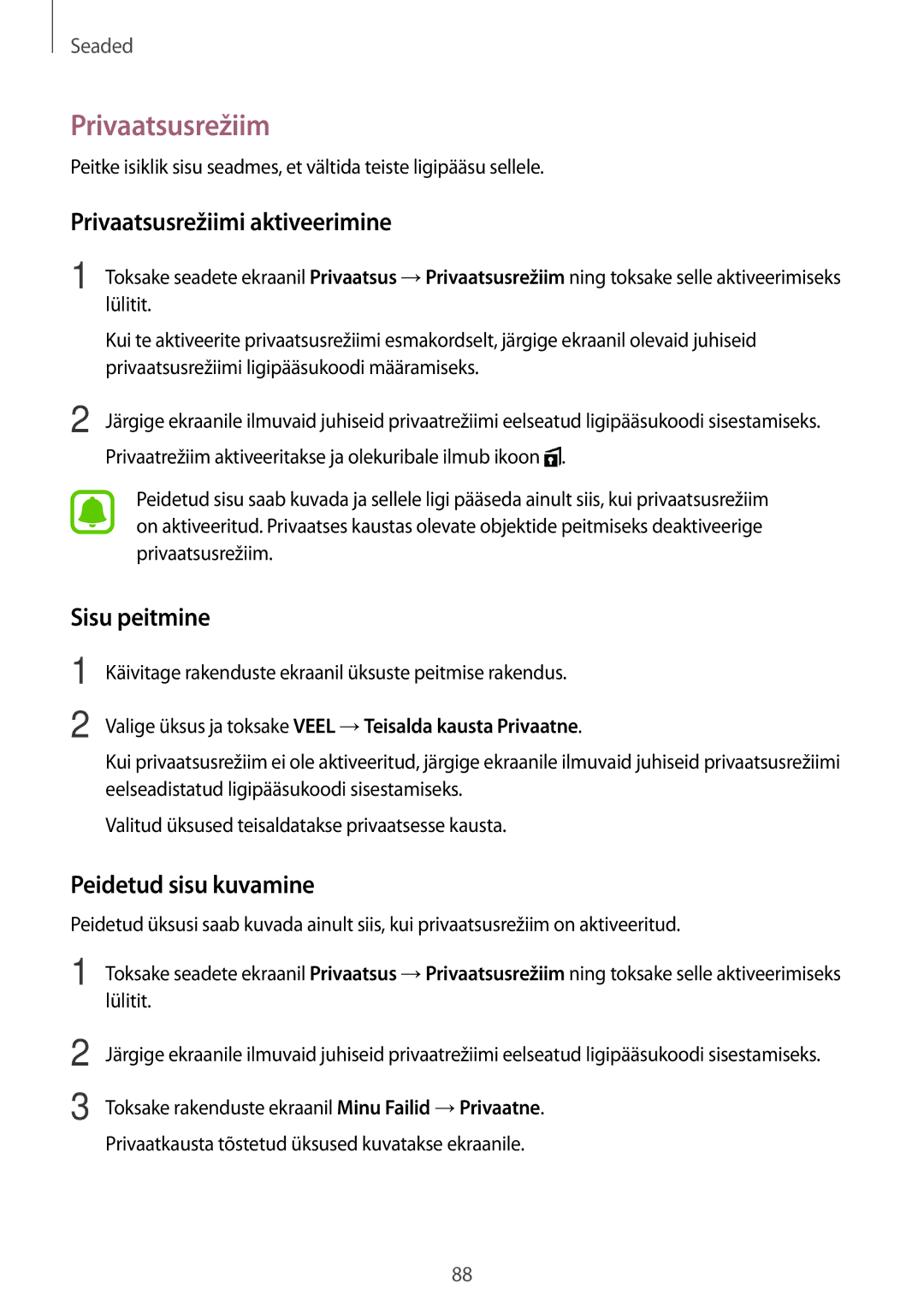 Samsung SM-T585NZKASEB, SM-T585NZWASEB manual Privaatsusrežiimi aktiveerimine, Sisu peitmine, Peidetud sisu kuvamine 