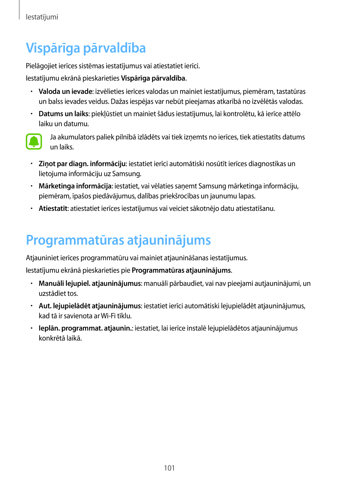 Samsung SM-T585NZWASEB, SM-T585NZKASEB manual Vispārīga pārvaldība, Programmatūras atjauninājums 