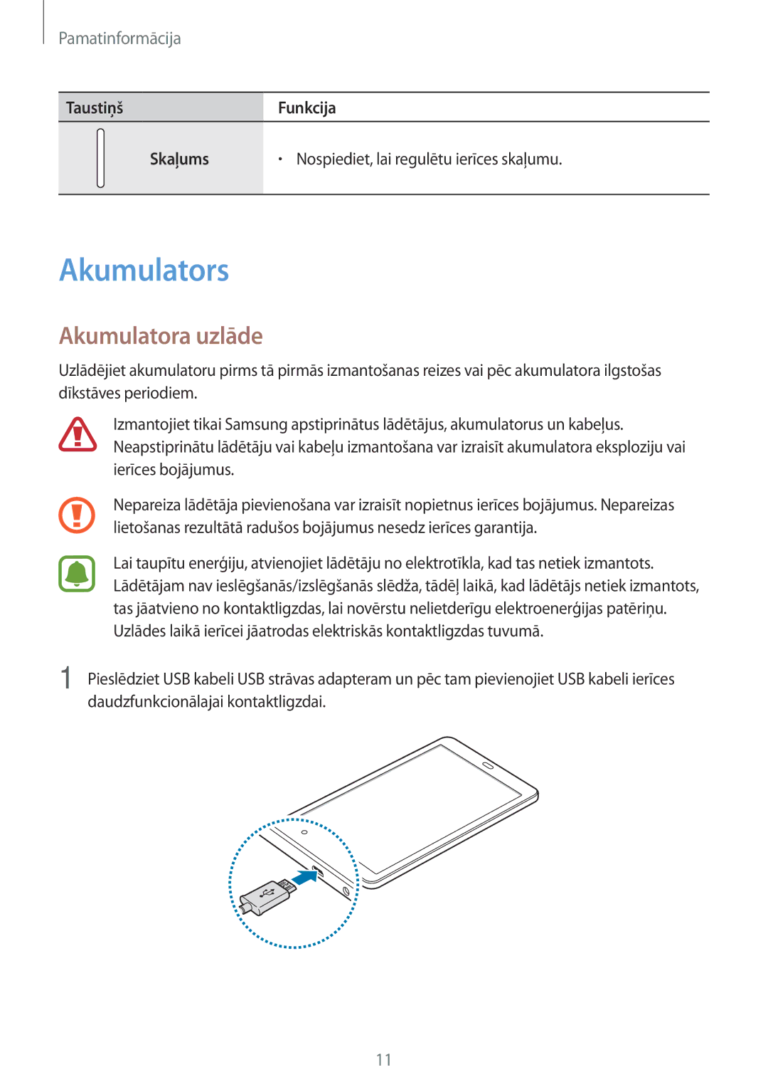 Samsung SM-T585NZWASEB, SM-T585NZKASEB manual Akumulators, Akumulatora uzlāde 