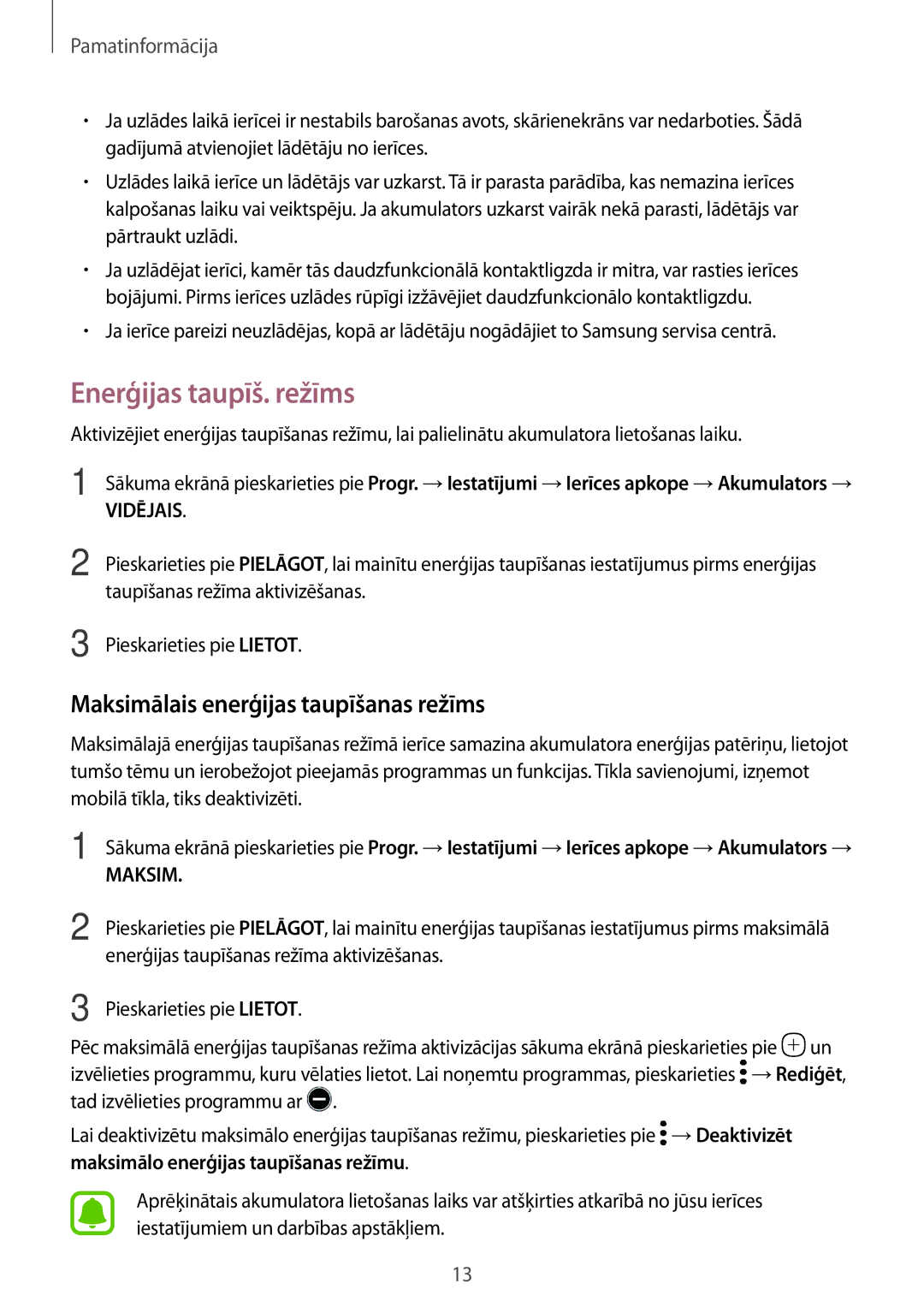 Samsung SM-T585NZWASEB, SM-T585NZKASEB manual Enerģijas taupīš. režīms, Maksimālais enerģijas taupīšanas režīms 