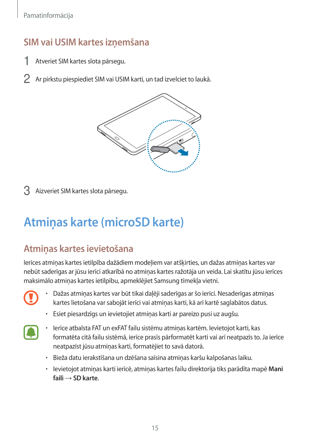 Samsung SM-T585NZWASEB manual Atmiņas karte microSD karte, SIM vai Usim kartes izņemšana, Atmiņas kartes ievietošana 