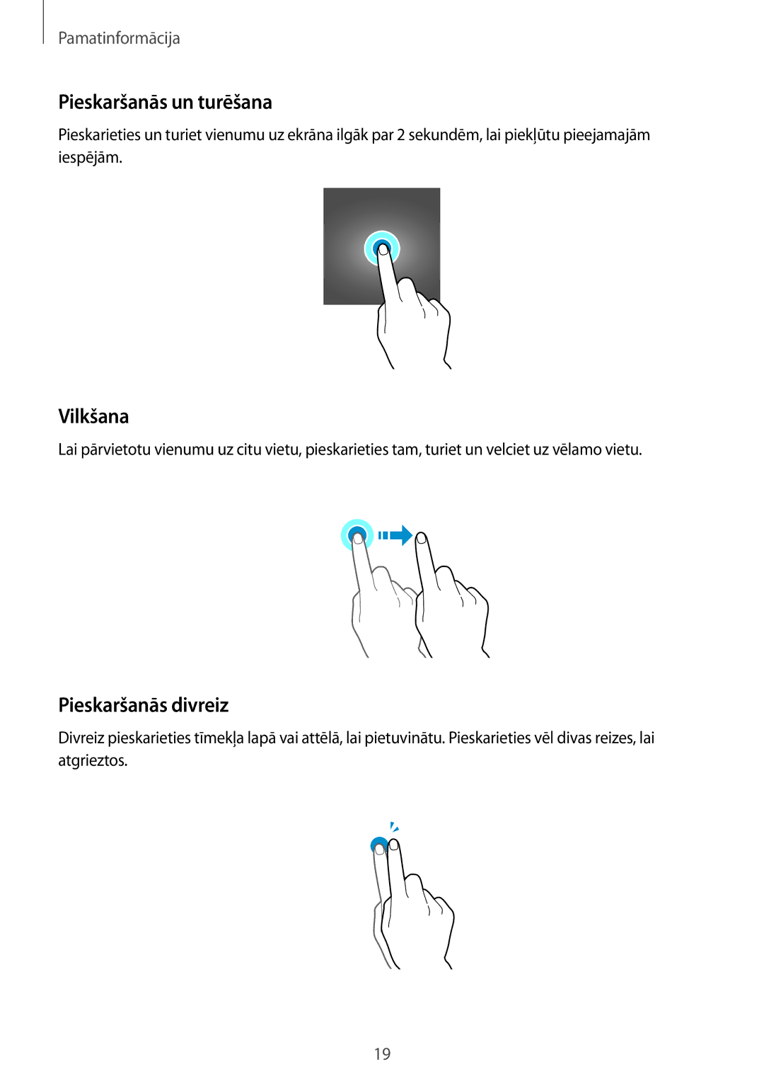 Samsung SM-T585NZWASEB, SM-T585NZKASEB manual Pieskaršanās un turēšana, Vilkšana, Pieskaršanās divreiz 
