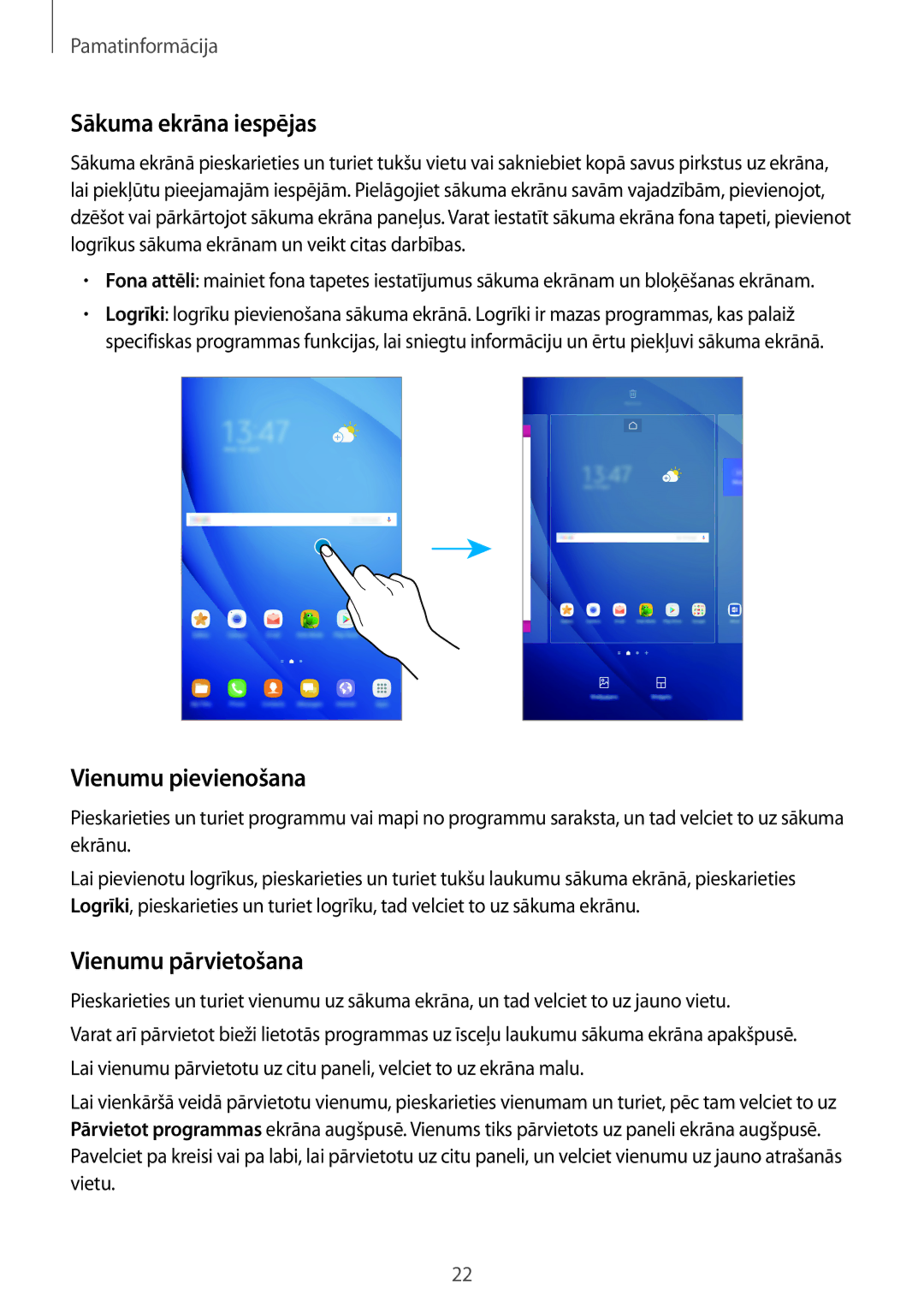 Samsung SM-T585NZKASEB, SM-T585NZWASEB manual Sākuma ekrāna iespējas, Vienumu pievienošana, Vienumu pārvietošana 