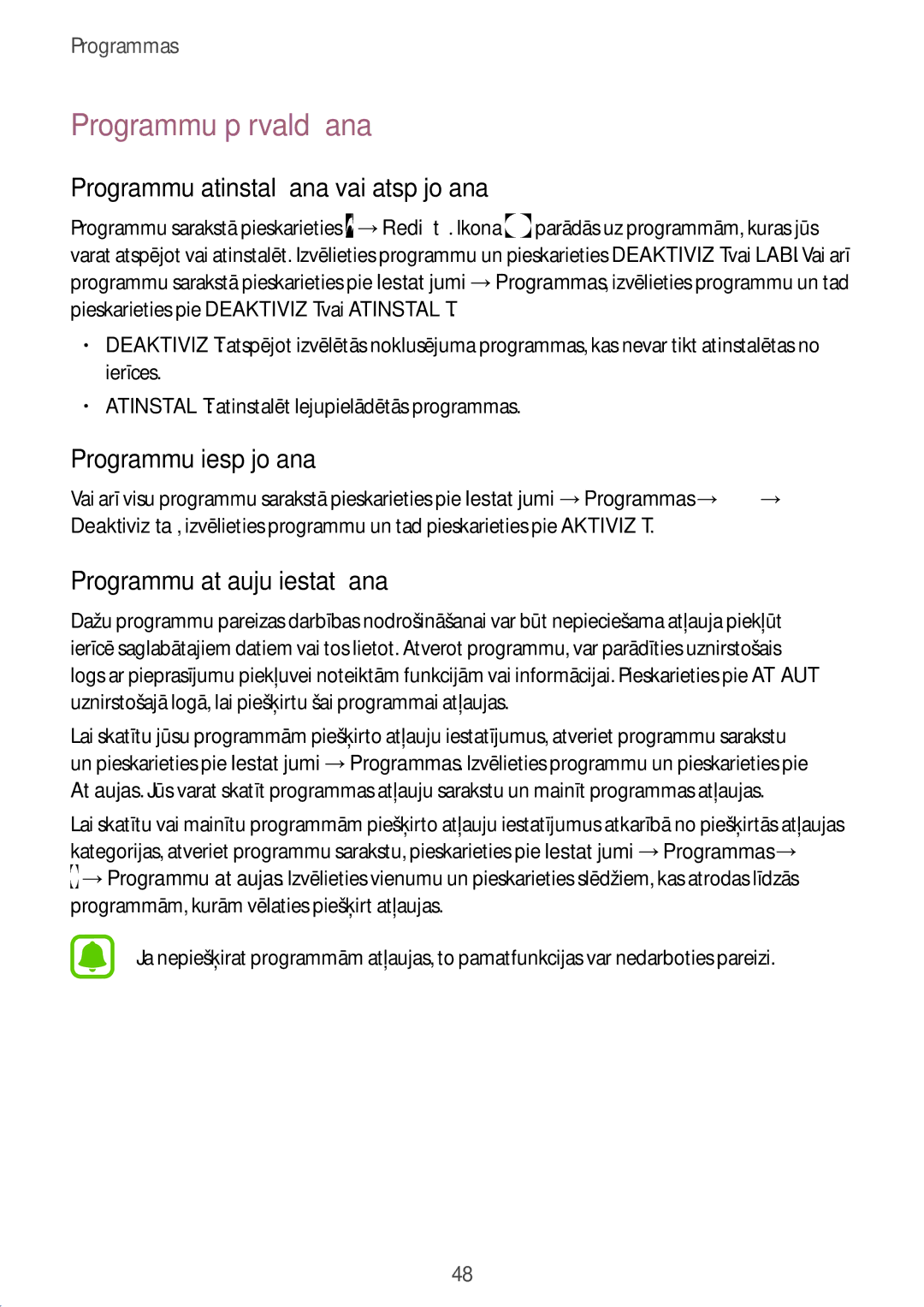 Samsung SM-T585NZKASEB manual Programmu pārvaldīšana, Programmu atinstalēšana vai atspējošana, Programmu iespējošana 