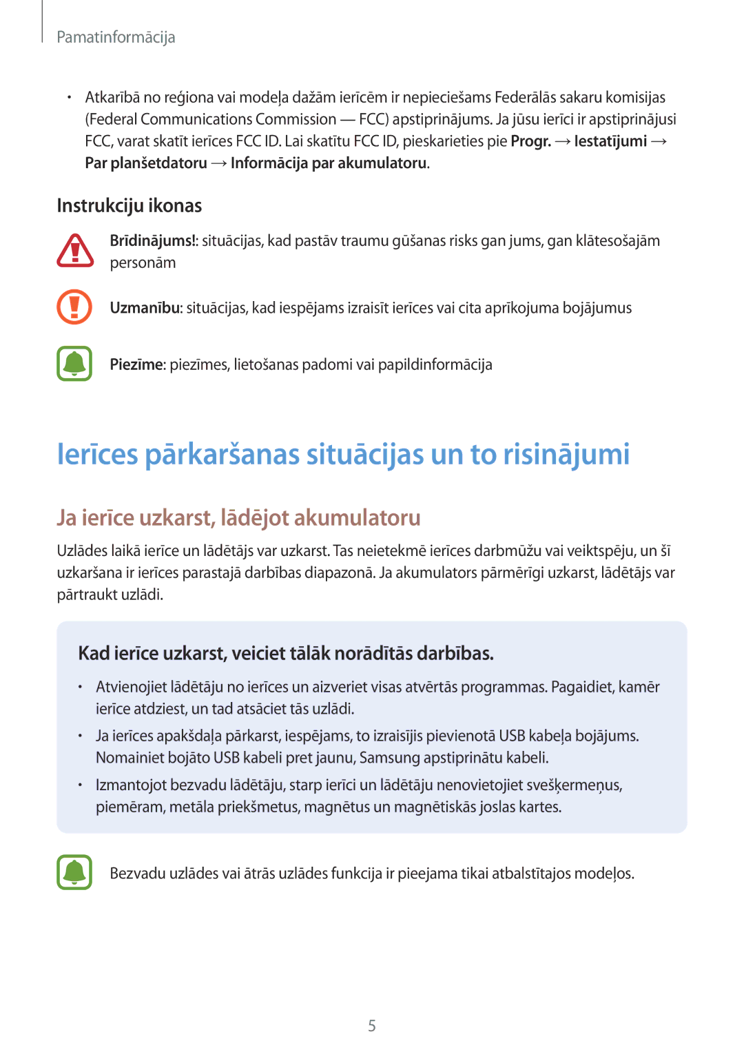 Samsung SM-T585NZWASEB, SM-T585NZKASEB manual Ja ierīce uzkarst, lādējot akumulatoru, Instrukciju ikonas 