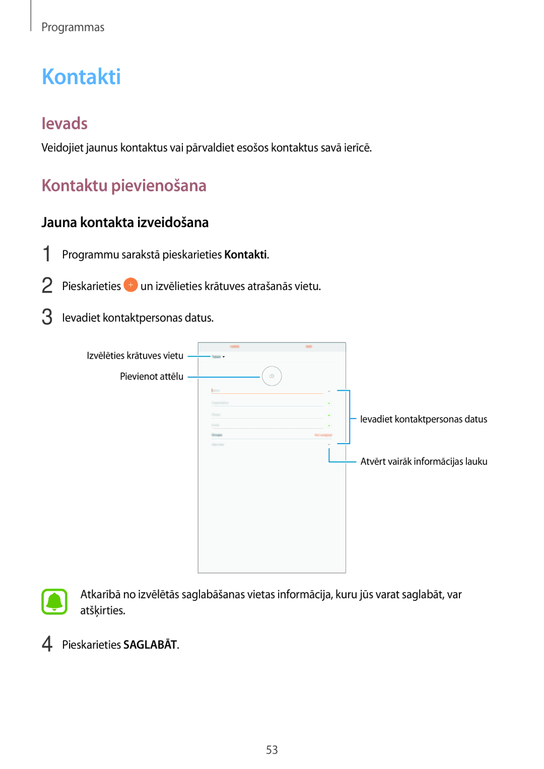 Samsung SM-T585NZWASEB, SM-T585NZKASEB manual Kontakti, Kontaktu pievienošana, Jauna kontakta izveidošana 