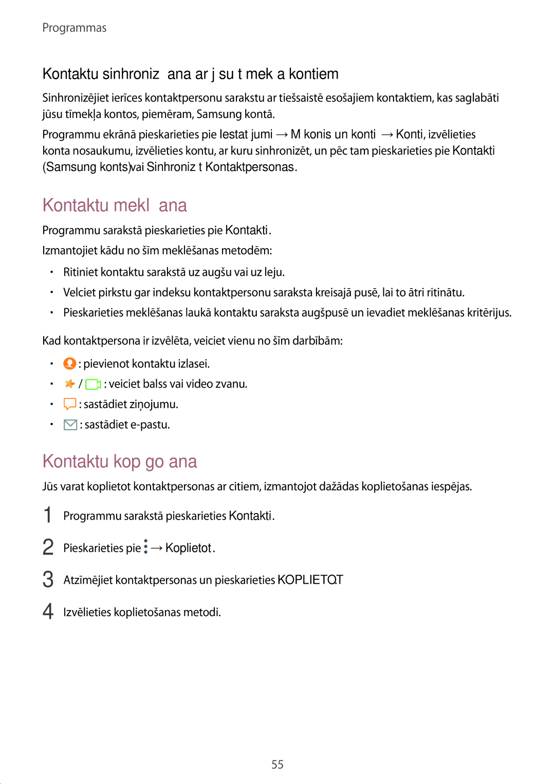 Samsung SM-T585NZWASEB manual Kontaktu meklēšana, Kontaktu kopīgošana, Kontaktu sinhronizēšana ar jūsu tīmekļa kontiem 