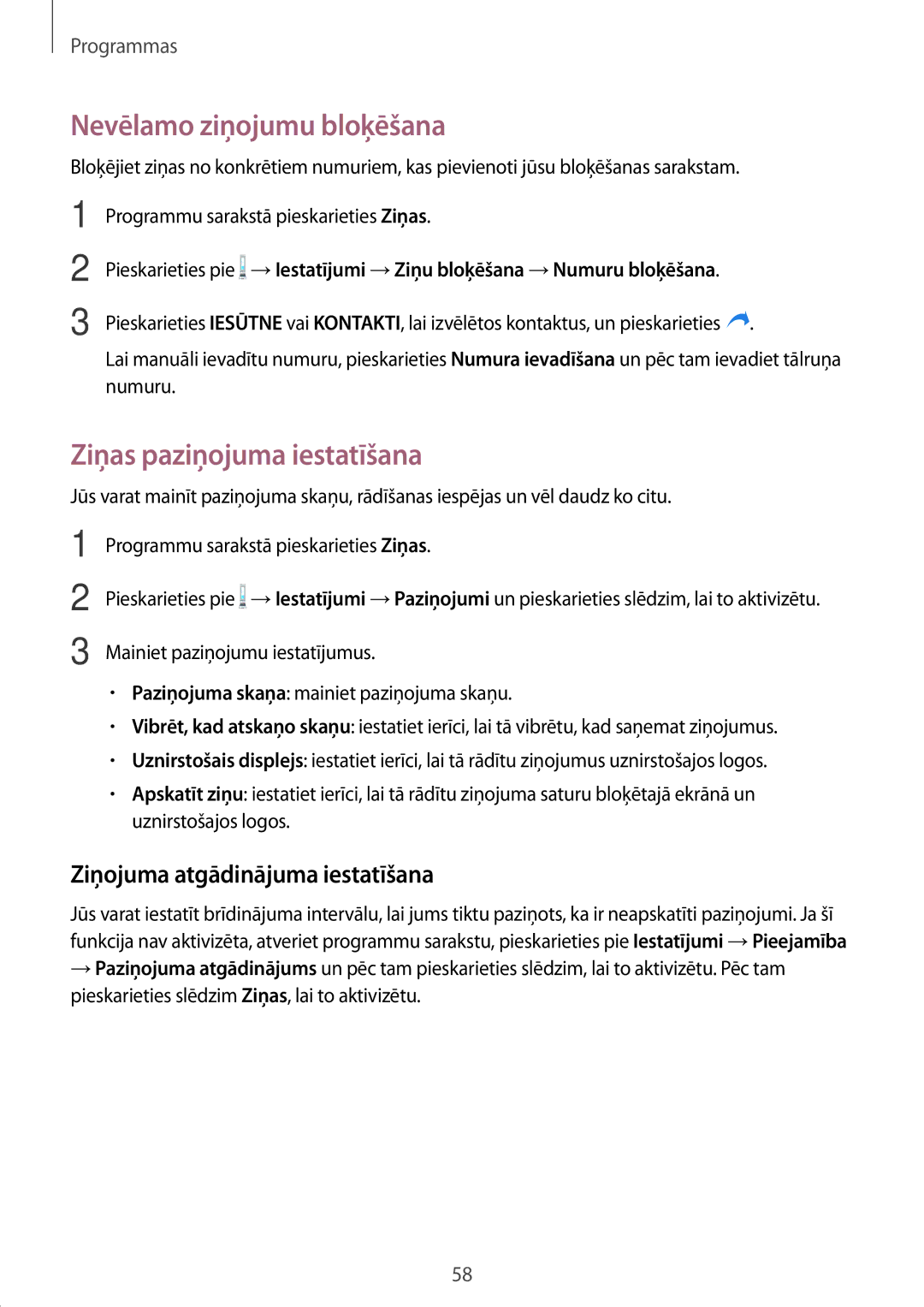 Samsung SM-T585NZKASEB manual Nevēlamo ziņojumu bloķēšana, Ziņas paziņojuma iestatīšana, Ziņojuma atgādinājuma iestatīšana 