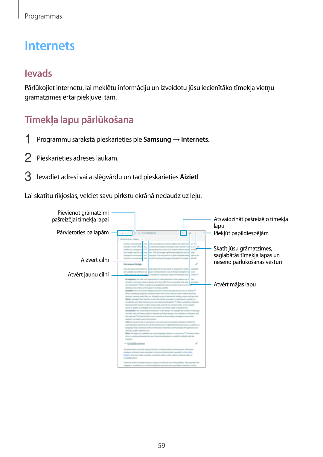 Samsung SM-T585NZWASEB, SM-T585NZKASEB manual Internets, Tīmekļa lapu pārlūkošana 