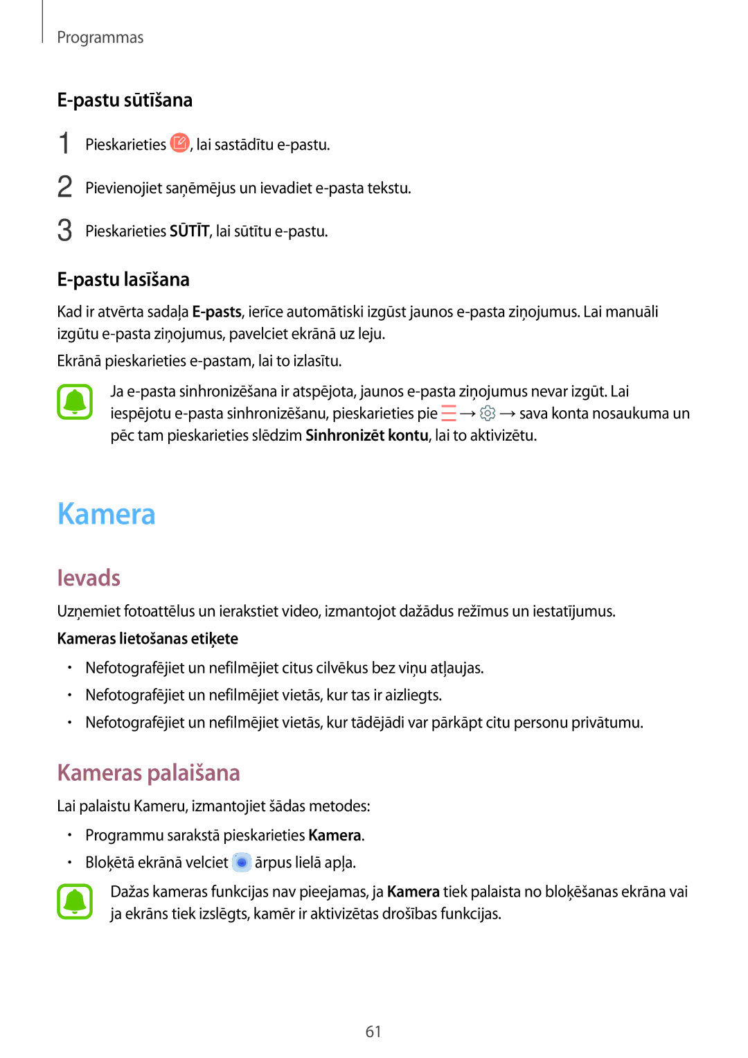 Samsung SM-T585NZWASEB, SM-T585NZKASEB manual Kameras palaišana, Pastu sūtīšana, Pastu lasīšana 