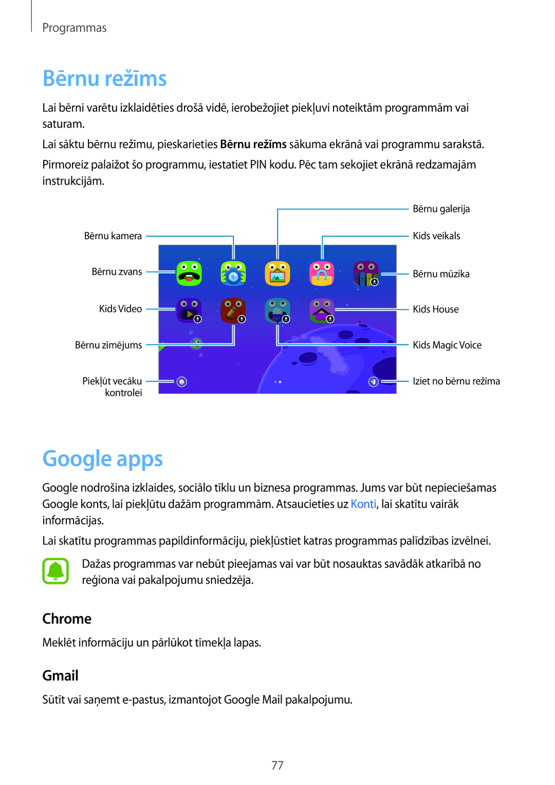 Samsung SM-T585NZWASEB manual Bērnu režīms, Google apps, Chrome, Gmail, Meklēt informāciju un pārlūkot tīmekļa lapas 