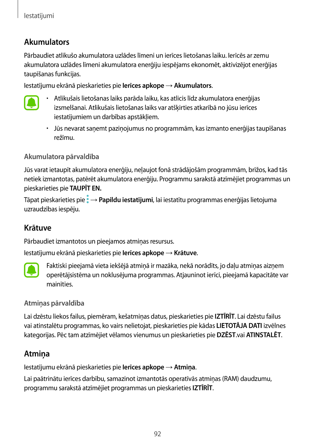 Samsung SM-T585NZKASEB manual Akumulators, Krātuve, Iestatījumu ekrānā pieskarieties pie Ierīces apkope →Atmiņa 