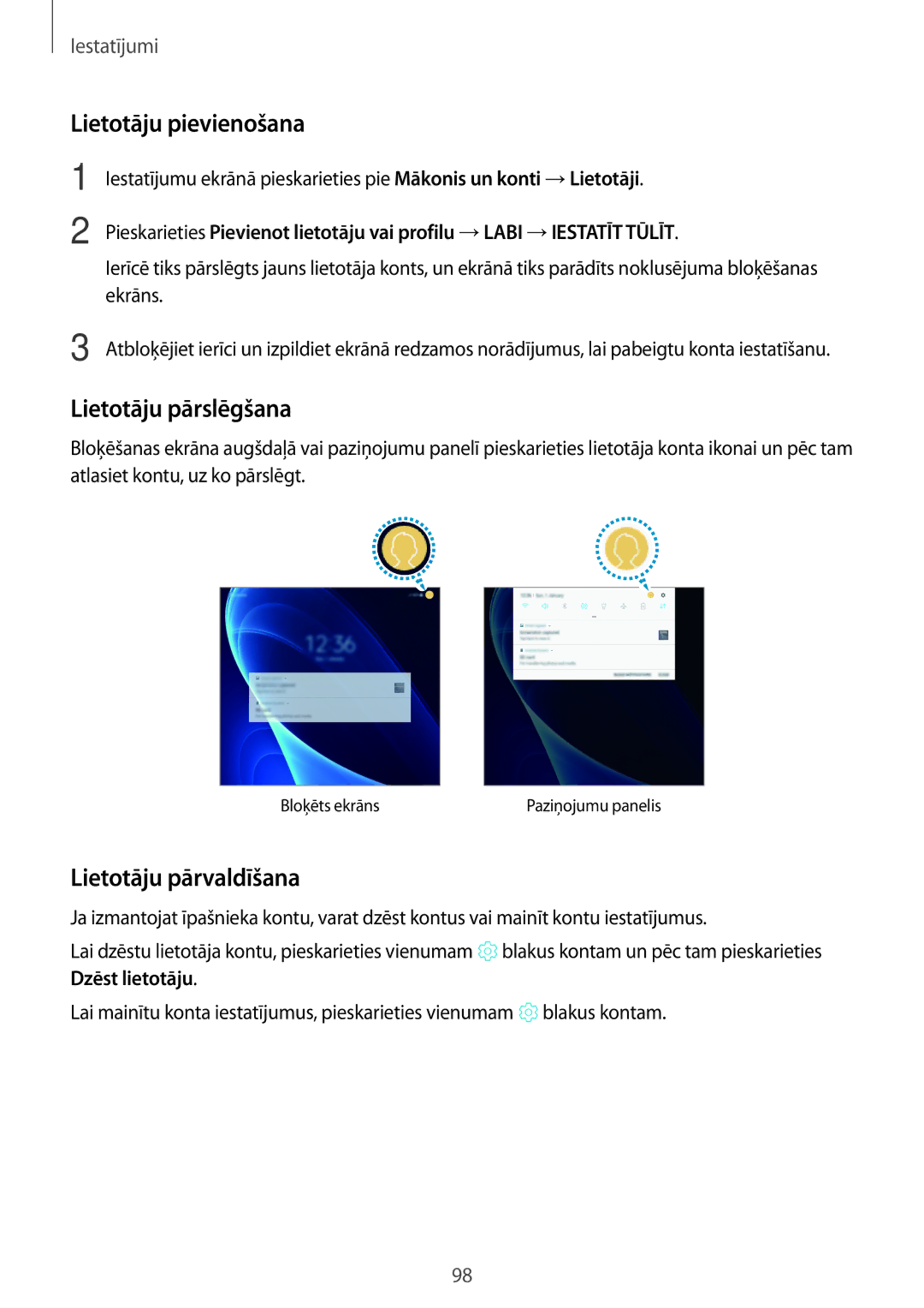 Samsung SM-T585NZKASEB, SM-T585NZWASEB manual Lietotāju pievienošana, Lietotāju pārslēgšana, Lietotāju pārvaldīšana 