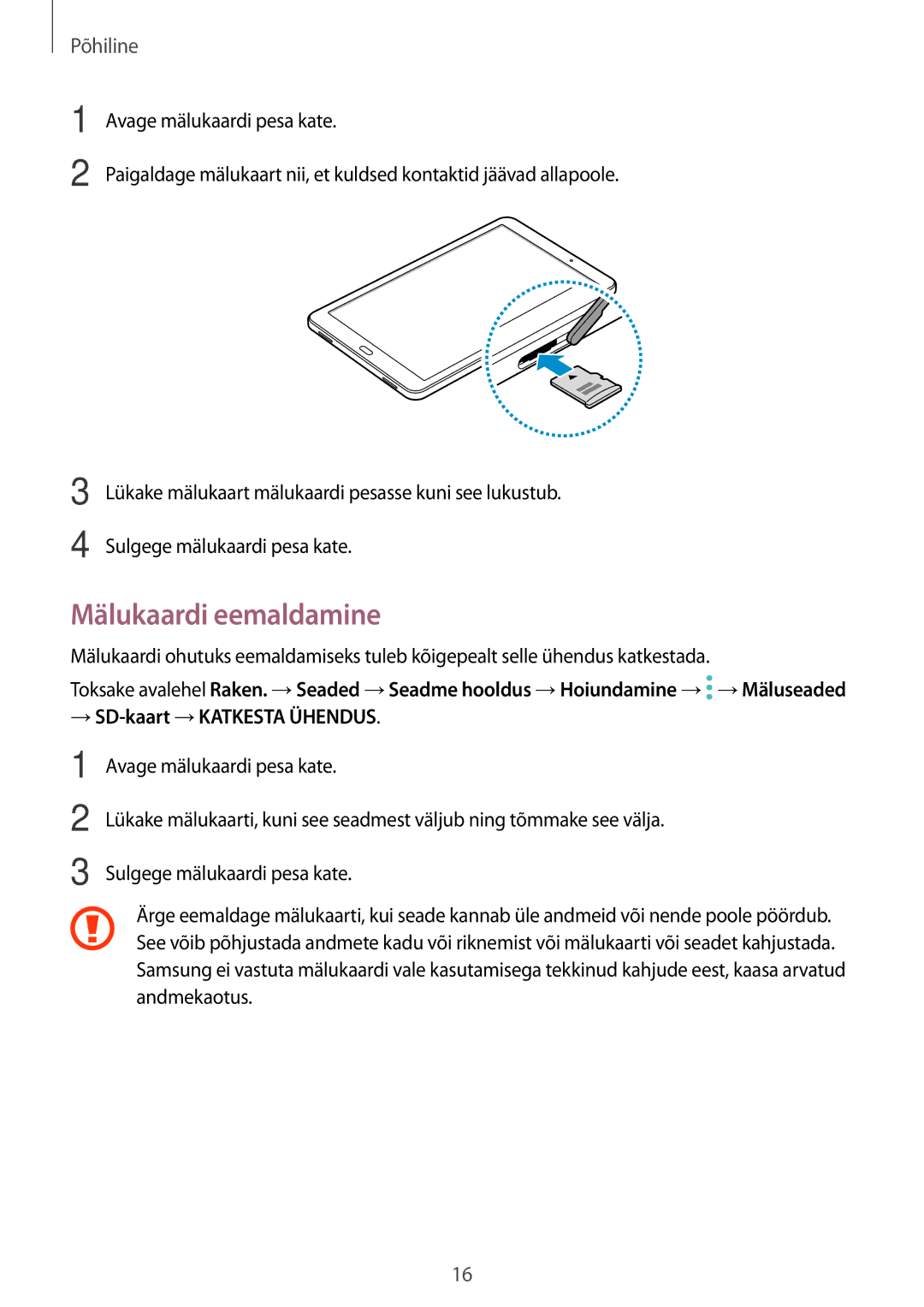 Samsung SM-T585NZKASEB, SM-T585NZWASEB manual Mälukaardi eemaldamine, → SD-kaart →KATKESTA Ühendus 