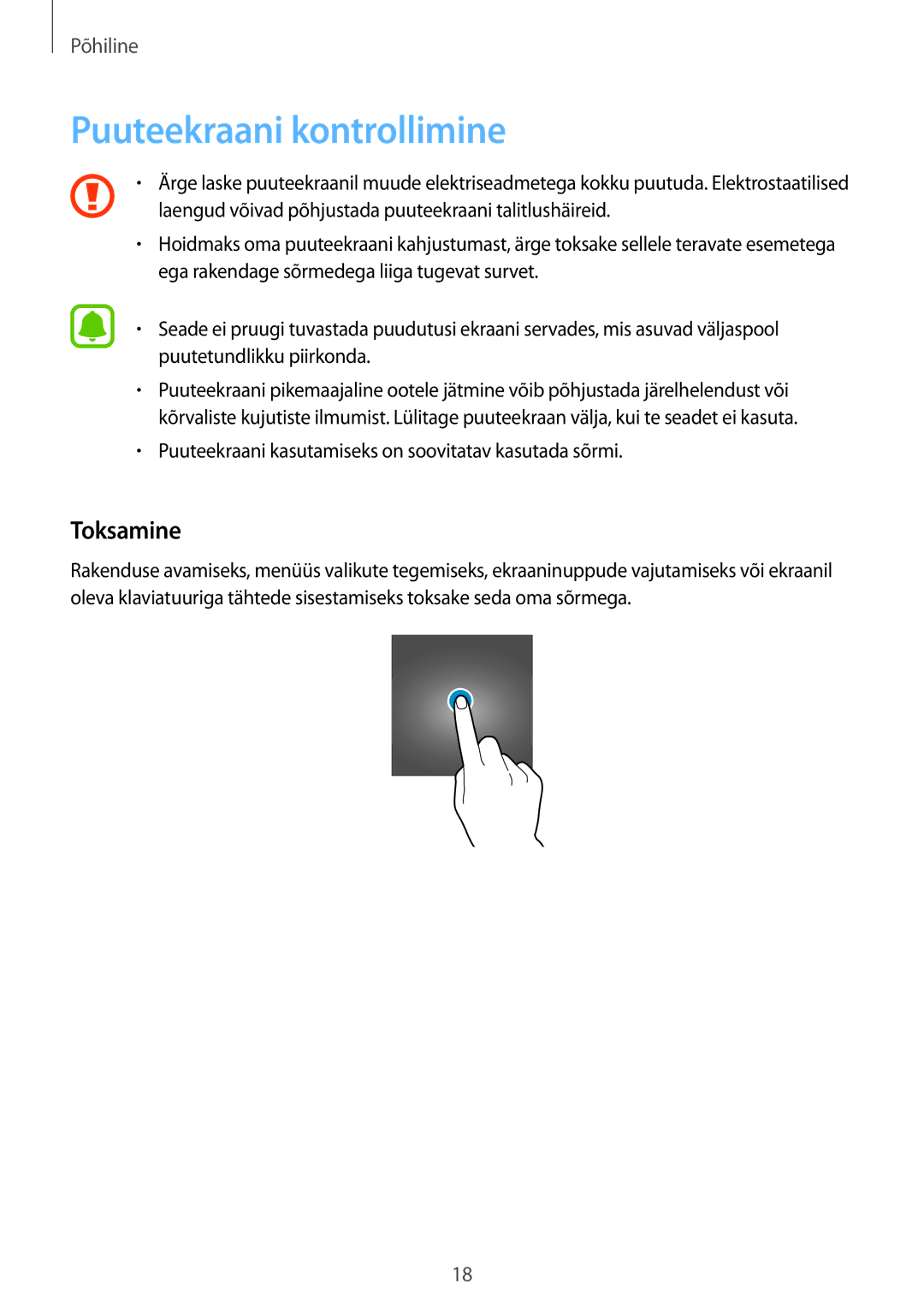 Samsung SM-T585NZKASEB manual Puuteekraani kontrollimine, Toksamine, Puuteekraani kasutamiseks on soovitatav kasutada sõrmi 