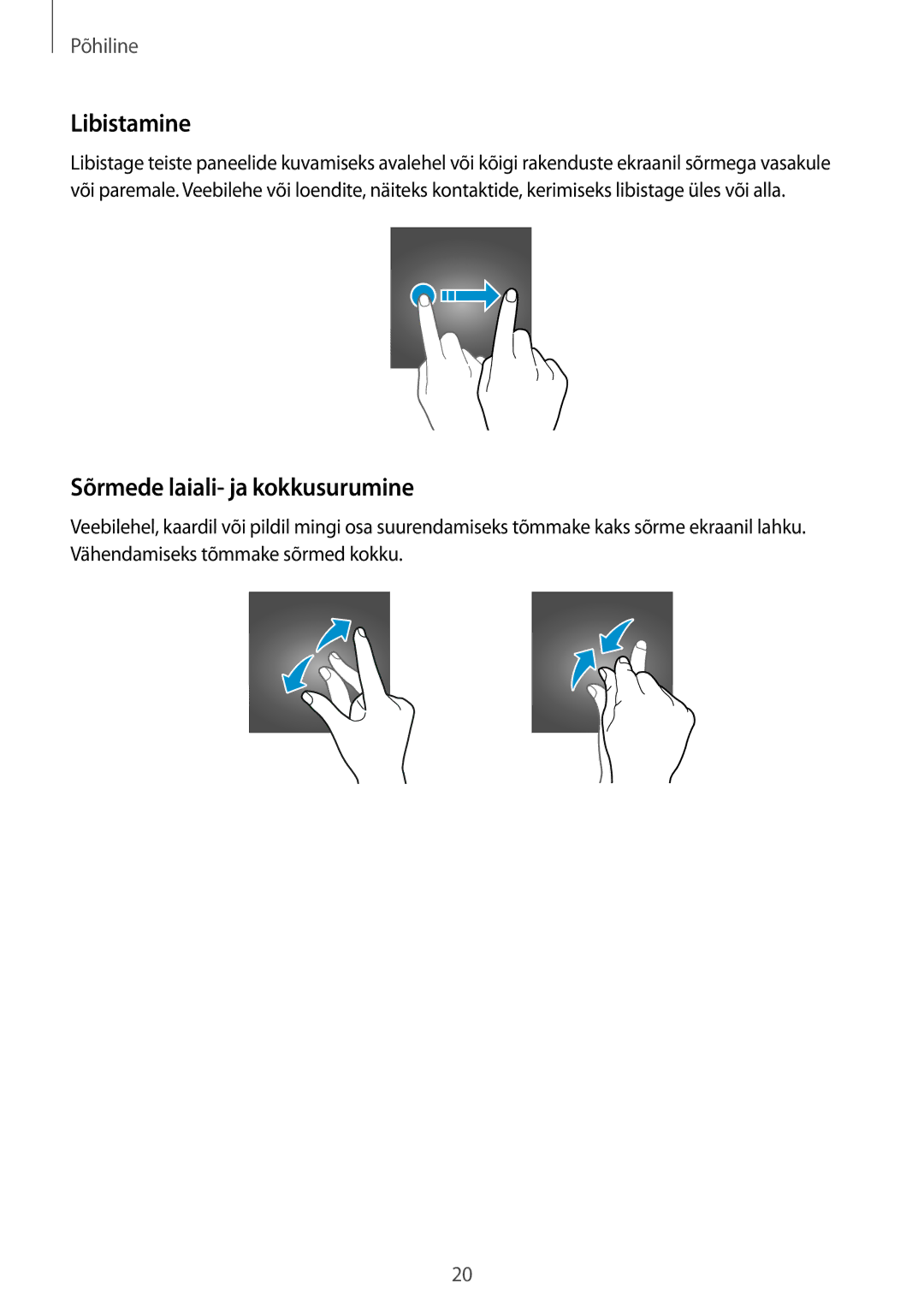 Samsung SM-T585NZKASEB, SM-T585NZWASEB manual Libistamine, Sõrmede laiali- ja kokkusurumine 