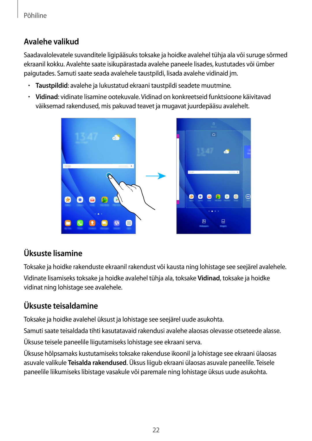 Samsung SM-T585NZKASEB, SM-T585NZWASEB manual Avalehe valikud, Üksuste lisamine, Üksuste teisaldamine 