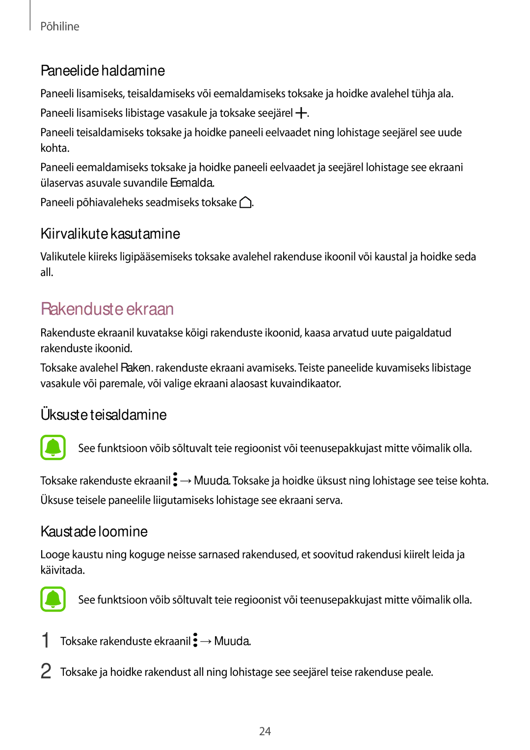 Samsung SM-T585NZKASEB, SM-T585NZWASEB manual Rakenduste ekraan, Paneelide haldamine, Kiirvalikute kasutamine 