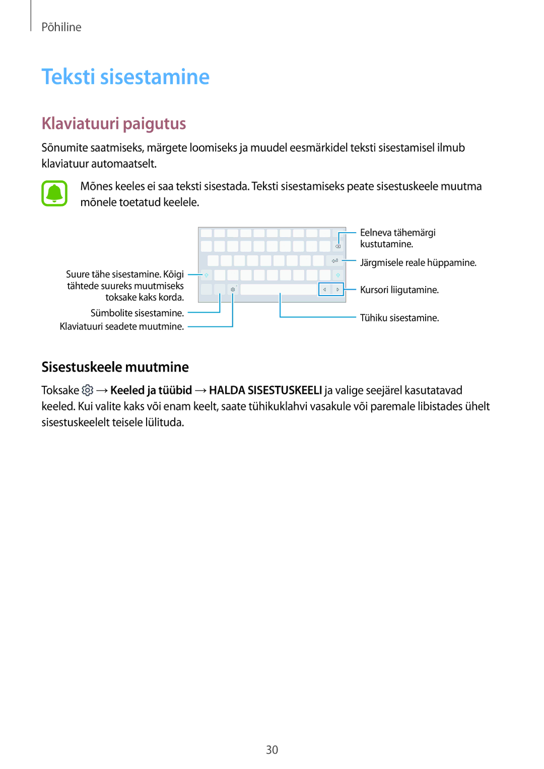 Samsung SM-T585NZKASEB, SM-T585NZWASEB manual Teksti sisestamine, Klaviatuuri paigutus, Sisestuskeele muutmine 