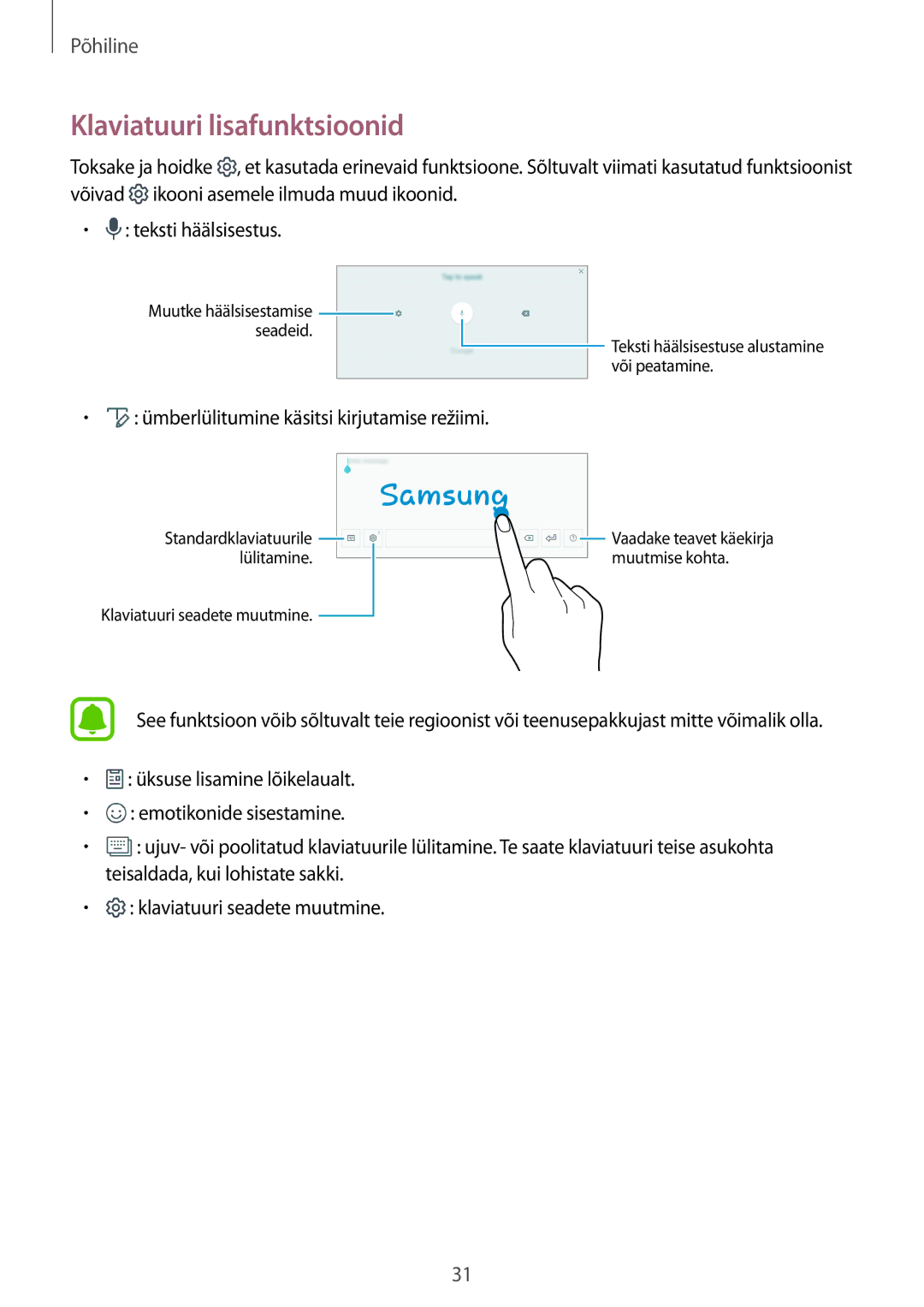 Samsung SM-T585NZWASEB, SM-T585NZKASEB manual Klaviatuuri lisafunktsioonid, Ümberlülitumine käsitsi kirjutamise režiimi 