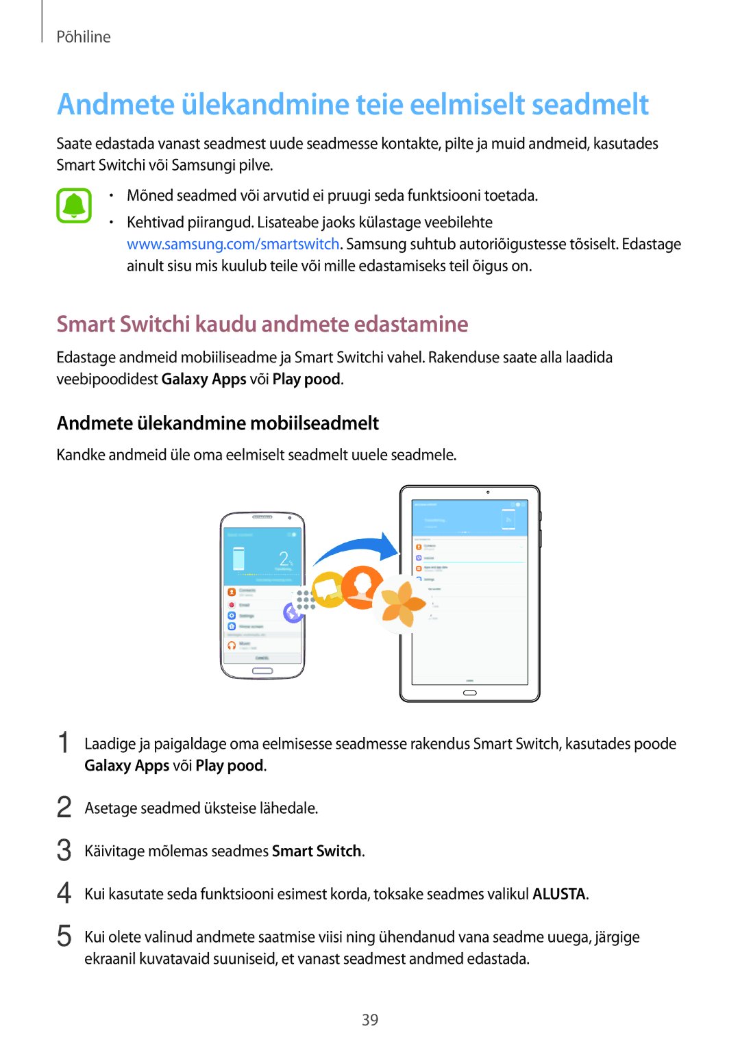 Samsung SM-T585NZWASEB, SM-T585NZKASEB manual Smart Switchi kaudu andmete edastamine, Andmete ülekandmine mobiilseadmelt 