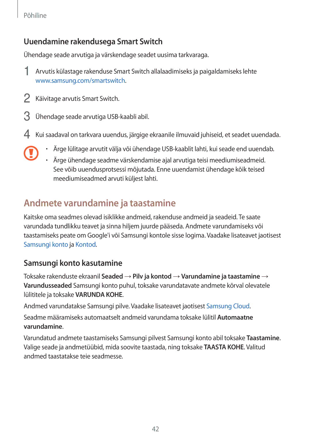 Samsung SM-T585NZKASEB Andmete varundamine ja taastamine, Uuendamine rakendusega Smart Switch, Samsungi konto kasutamine 