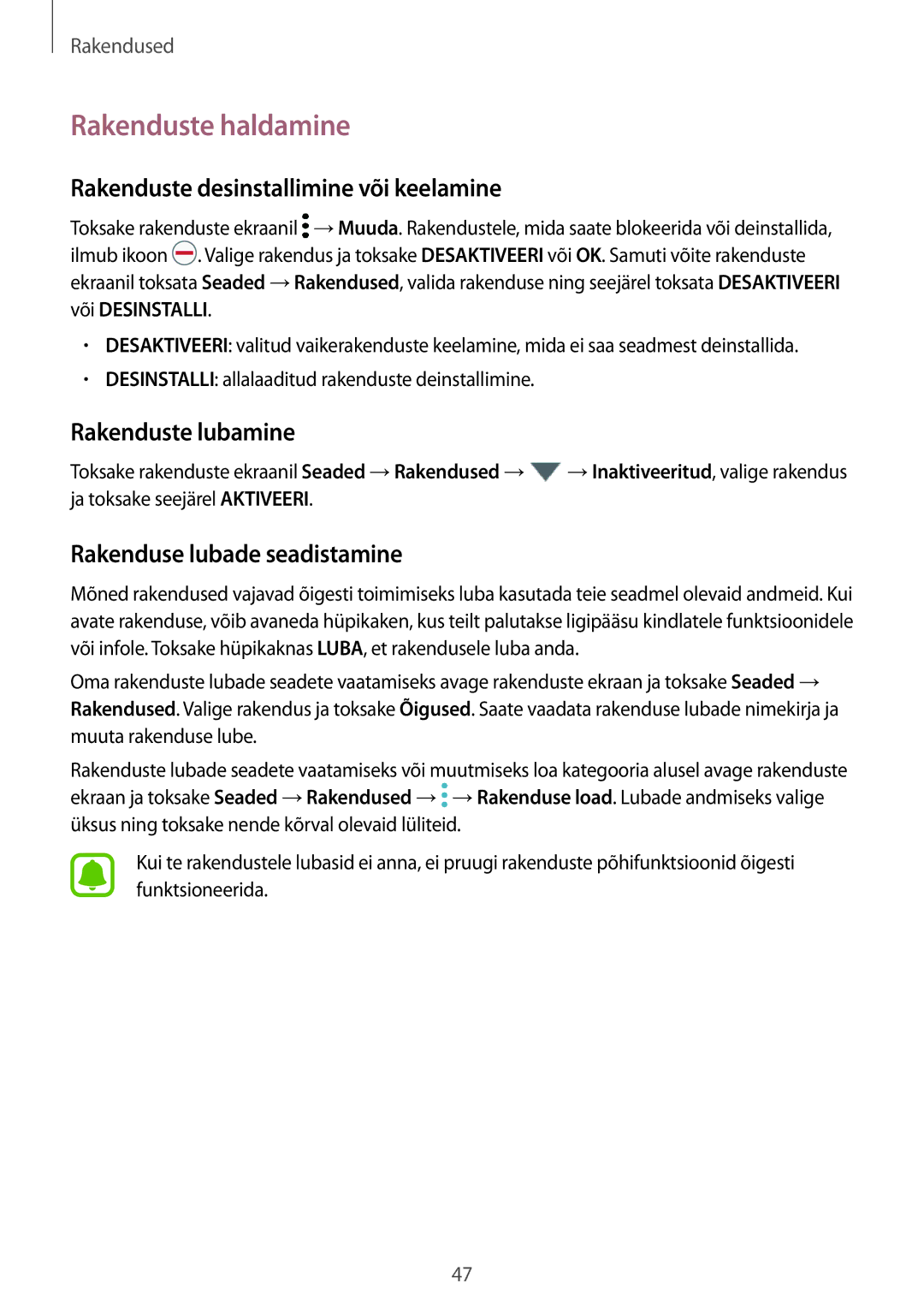 Samsung SM-T585NZWASEB, SM-T585NZKASEB Rakenduste haldamine, Rakenduste desinstallimine või keelamine, Rakenduste lubamine 