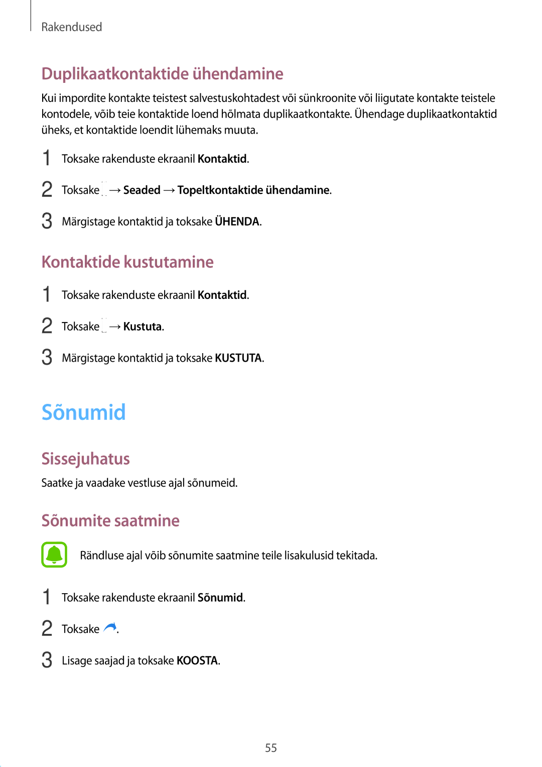 Samsung SM-T585NZWASEB, SM-T585NZKASEB Sõnumid, Duplikaatkontaktide ühendamine, Kontaktide kustutamine, Sõnumite saatmine 