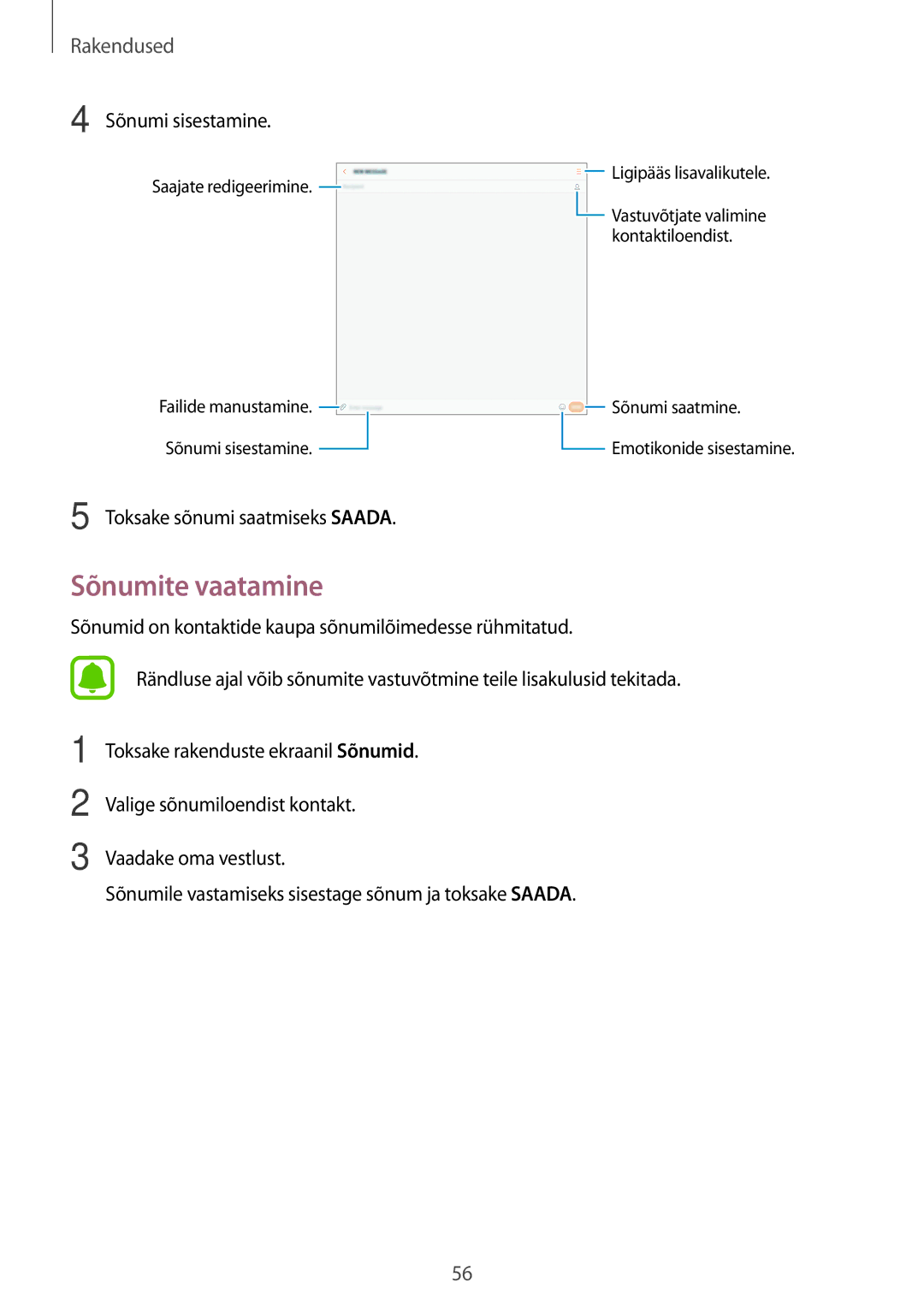 Samsung SM-T585NZKASEB, SM-T585NZWASEB manual Sõnumite vaatamine, Sõnumi sisestamine, Toksake sõnumi saatmiseks Saada 