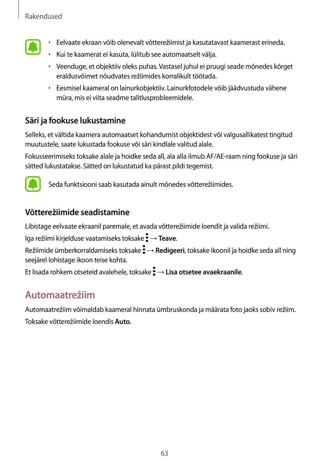 Samsung SM-T585NZWASEB, SM-T585NZKASEB manual Automaatrežiim, Säri ja fookuse lukustamine, Võtterežiimide seadistamine 