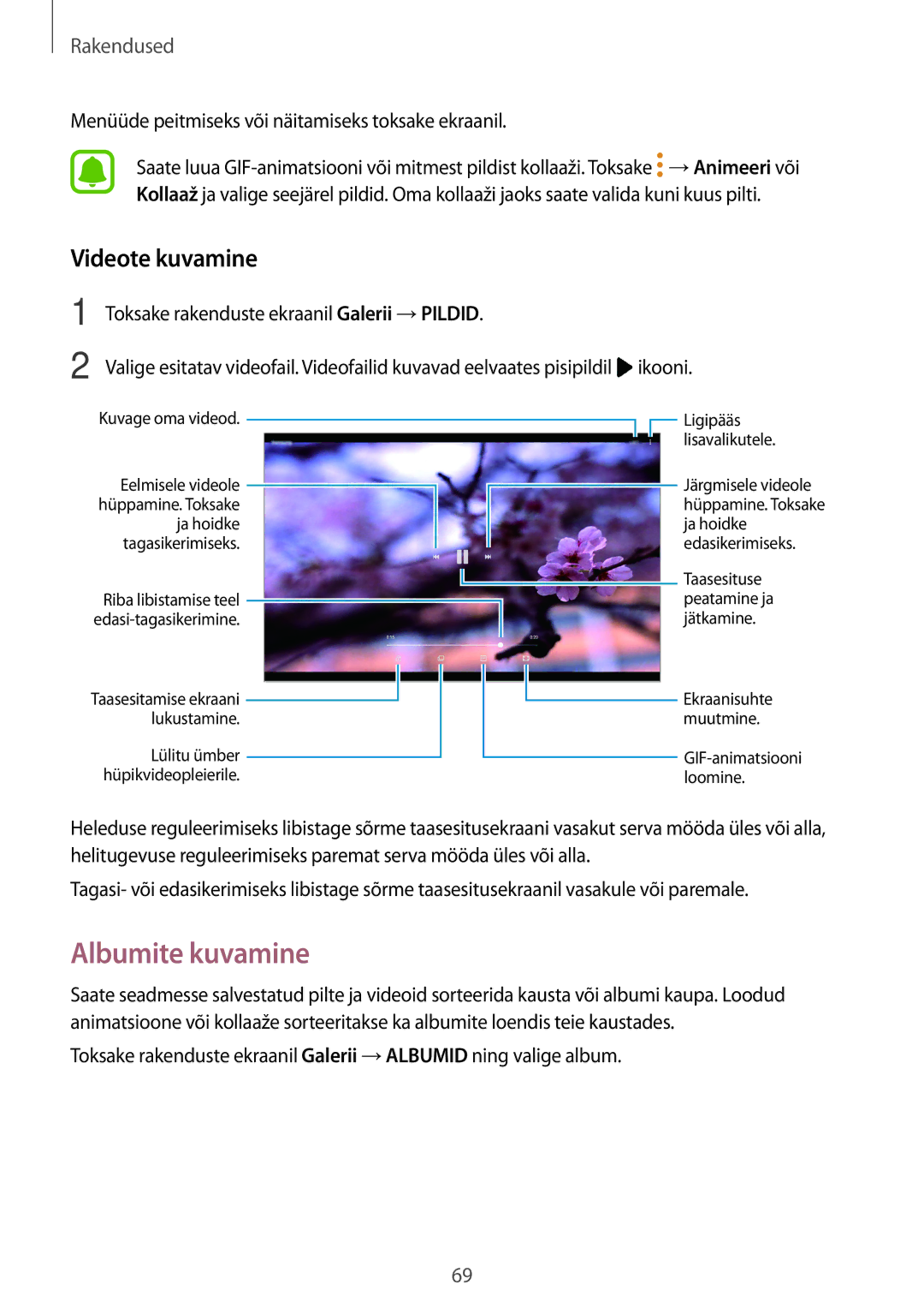 Samsung SM-T585NZWASEB manual Albumite kuvamine, Videote kuvamine, Menüüde peitmiseks või näitamiseks toksake ekraanil 