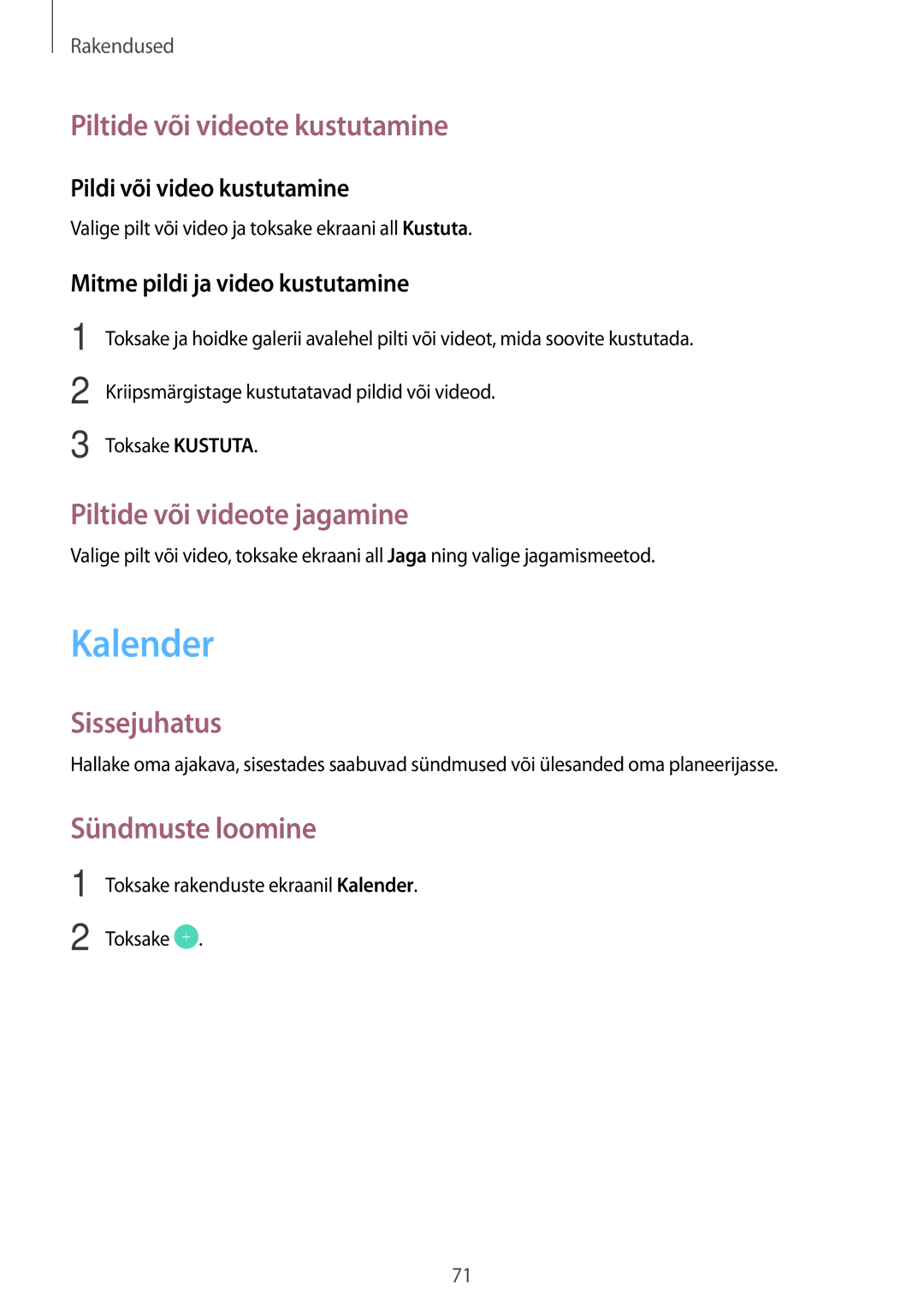 Samsung SM-T585NZWASEB manual Kalender, Piltide või videote kustutamine, Piltide või videote jagamine, Sündmuste loomine 