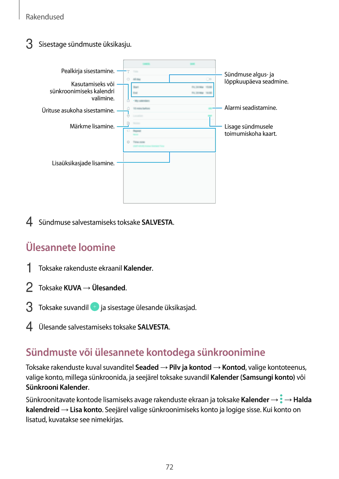 Samsung SM-T585NZKASEB Ülesannete loomine, Sündmuste või ülesannete kontodega sünkroonimine, Sisestage sündmuste üksikasju 