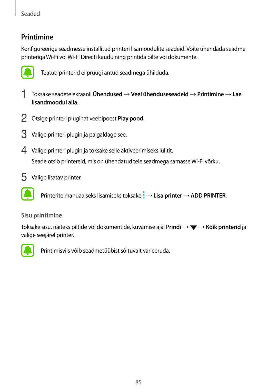 Samsung SM-T585NZWASEB, SM-T585NZKASEB manual Printimine, Teatud printerid ei pruugi antud seadmega ühilduda 