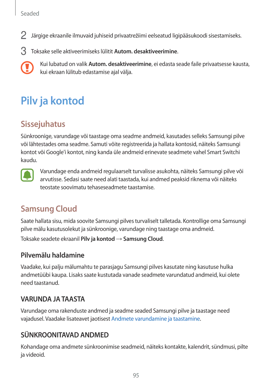 Samsung SM-T585NZWASEB, SM-T585NZKASEB manual Pilv ja kontod, Samsung Cloud, Pilvemälu haldamine 