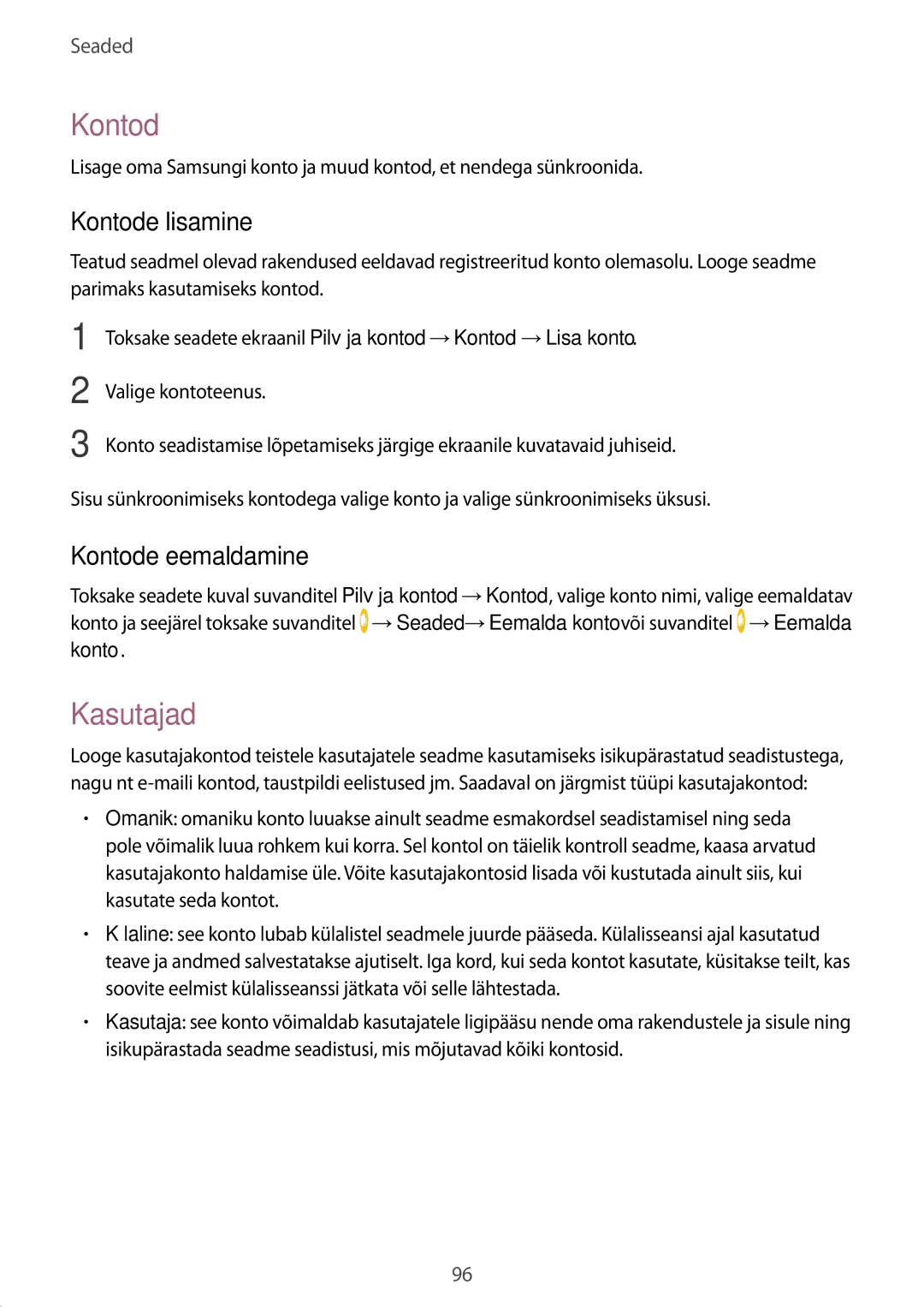 Samsung SM-T585NZKASEB, SM-T585NZWASEB manual Kasutajad, Kontode lisamine, Kontode eemaldamine 