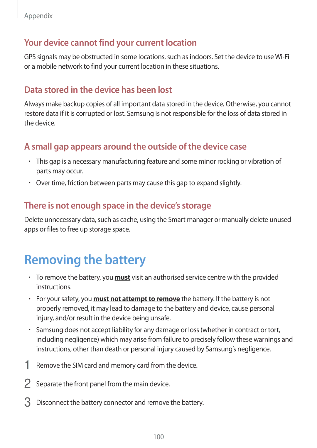 Samsung SM-T585NZKASEE, SM-T585NZKEDBT, SM-T585NZKADBT Removing the battery, Your device cannot find your current location 